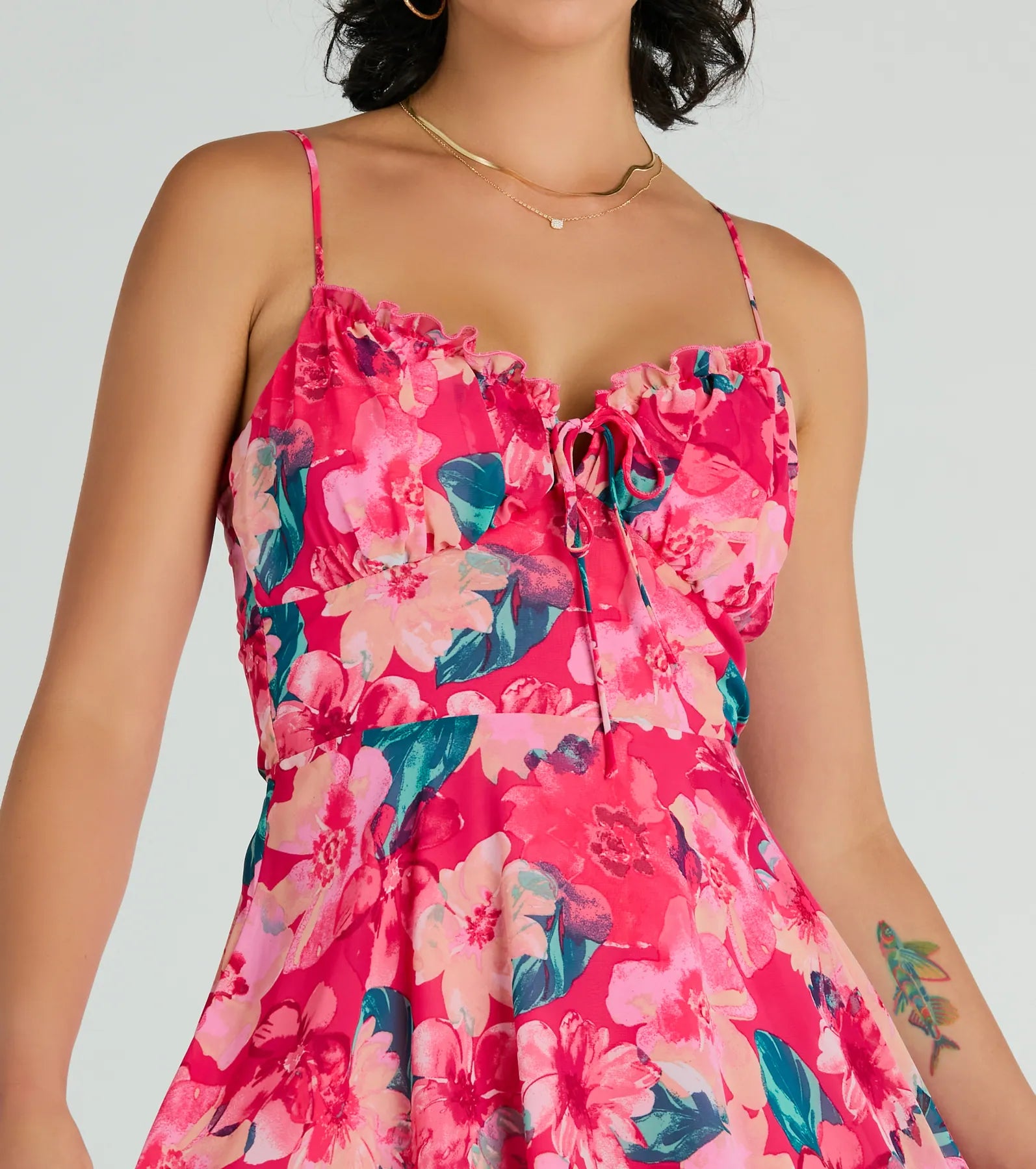 Tropical Blooms Floral Ruffle Chiffon Skater Dress