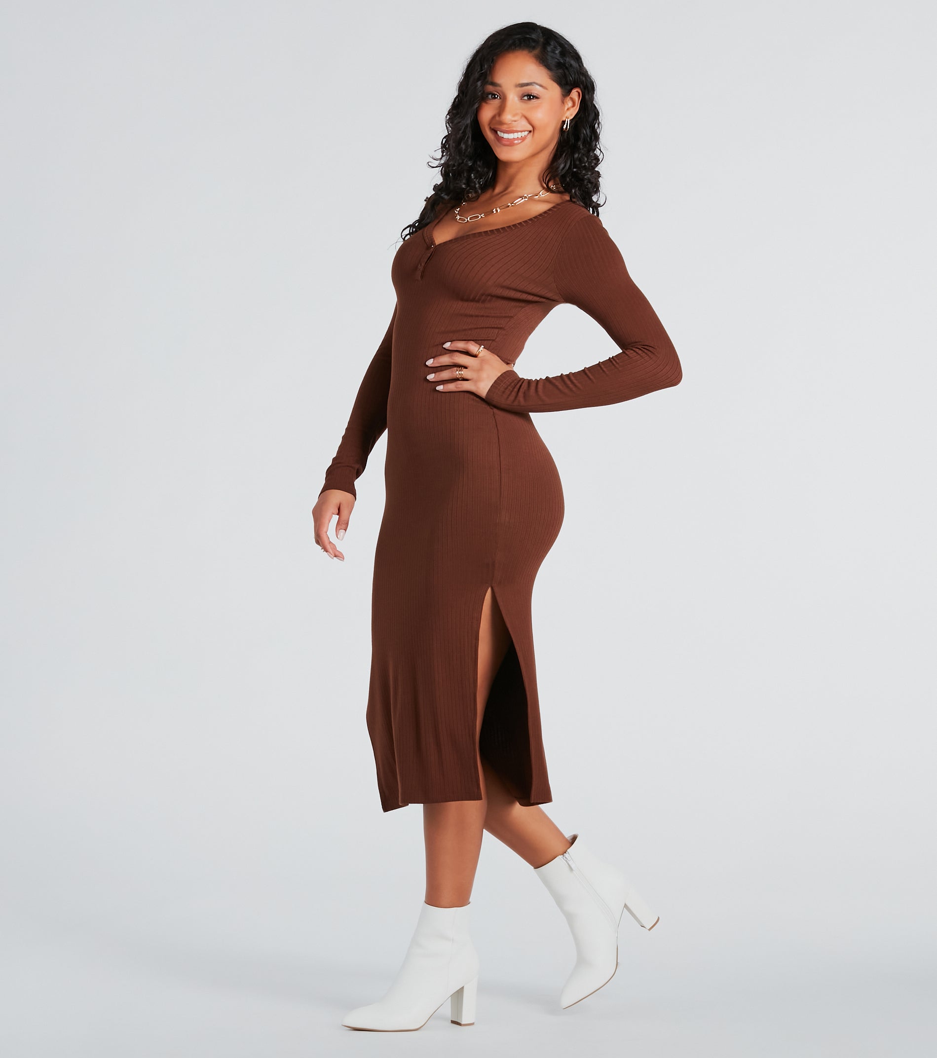 Change Of Season Long Sleeve Ribbed Knit Midi Dress