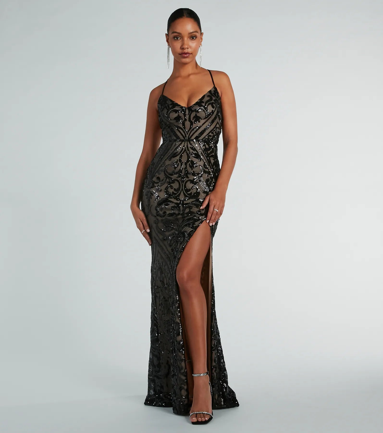 Maura Lace-Up Mermaid Sequin Mesh Formal Dress