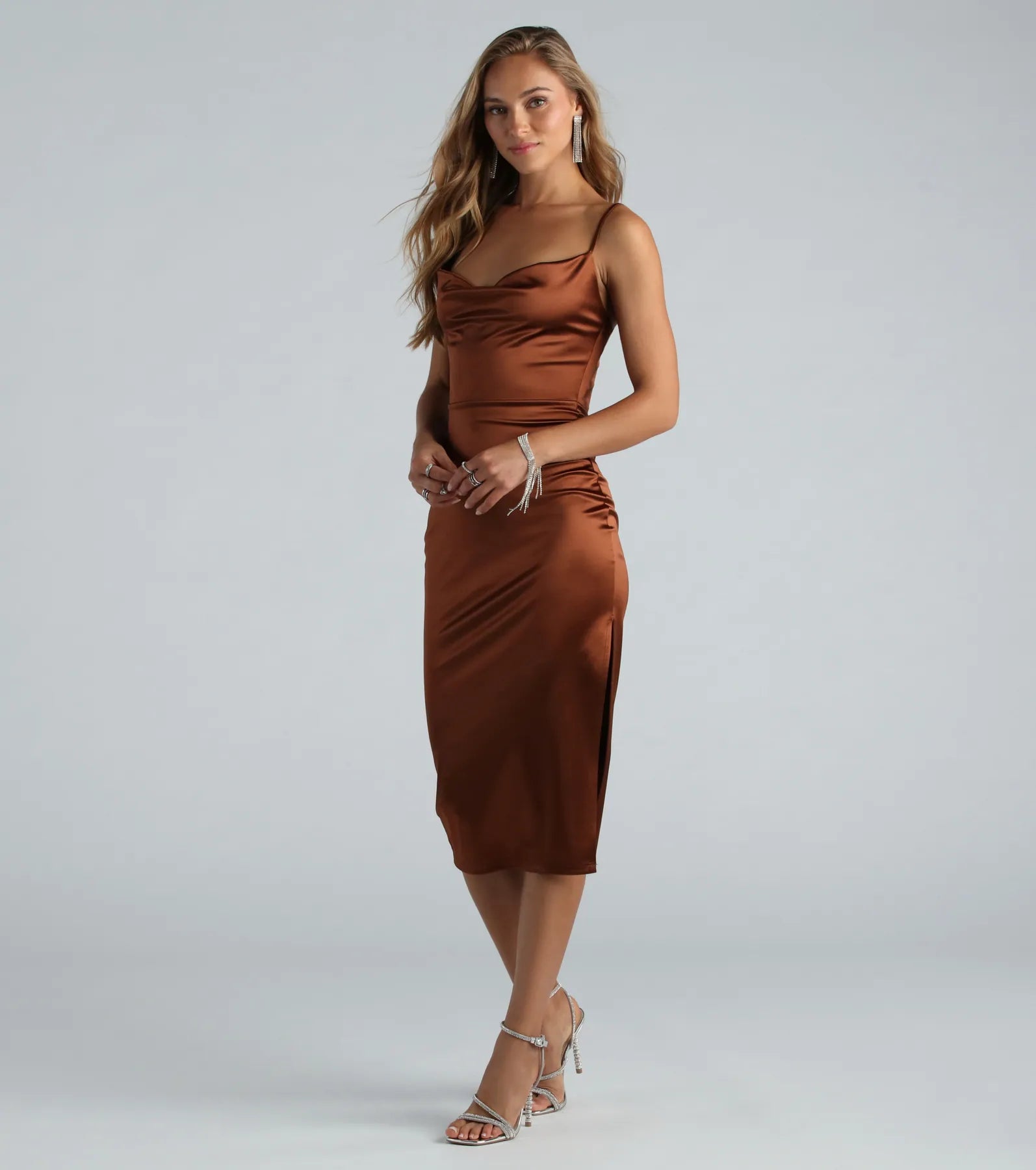 Emilia Satin High Slit Formal Midi Dress