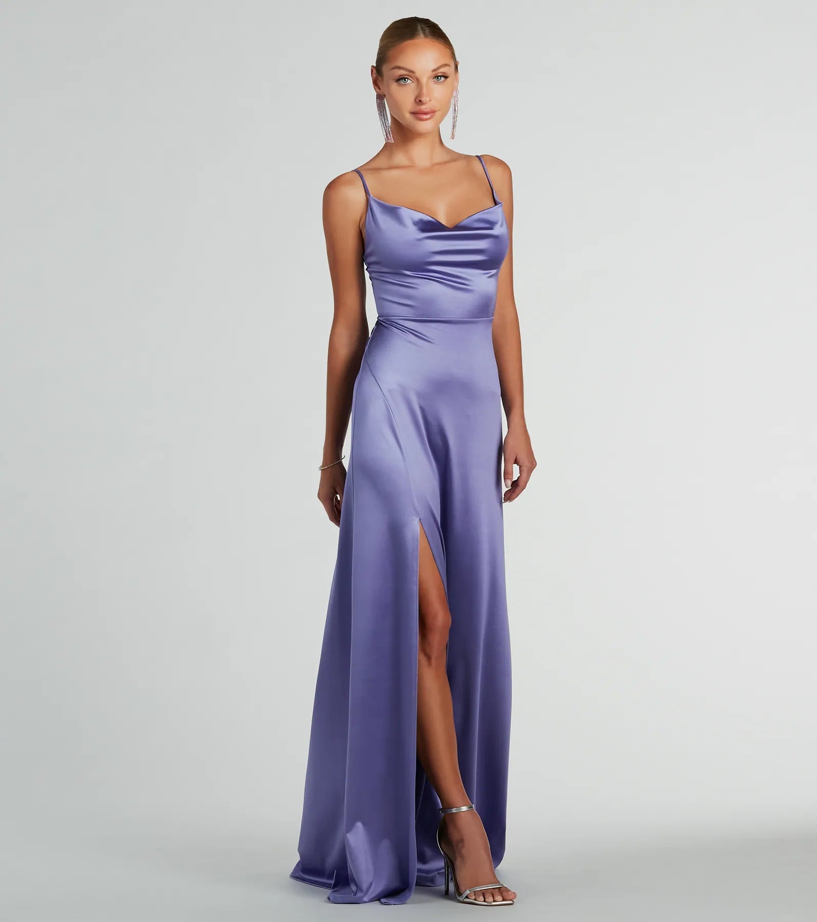 Ellie Cowl Neck A-Line Long Satin Formal Dress