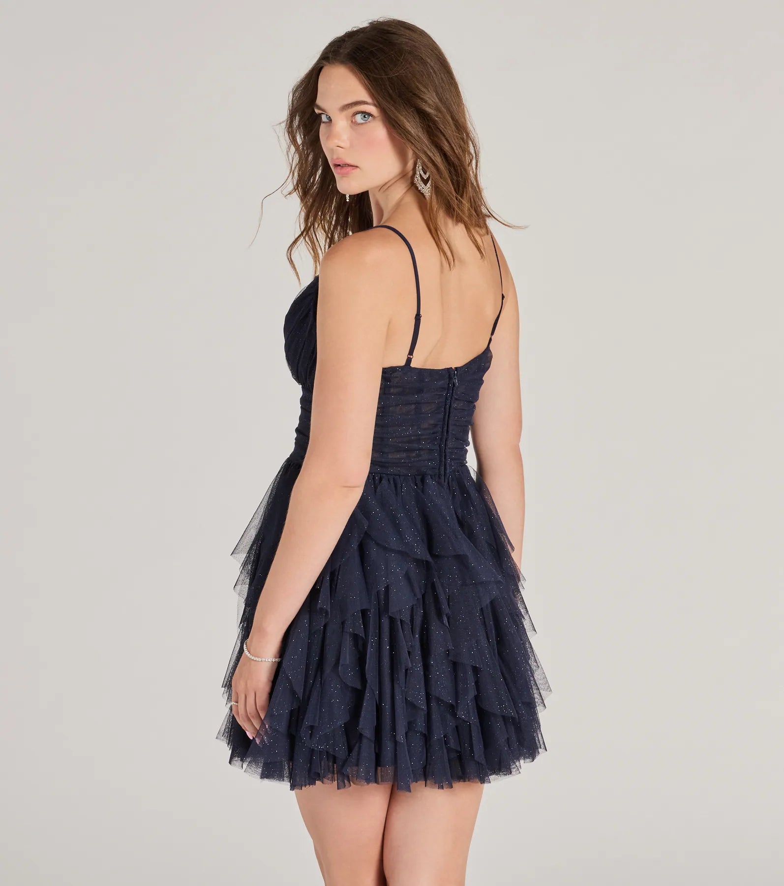 Leanna Ruffle Glitter Mesh Skater Dress