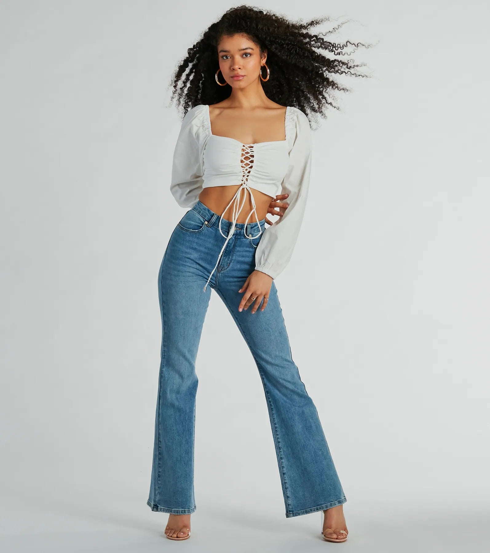 Laced-Up Babe Long Sleeve Crop Blouse