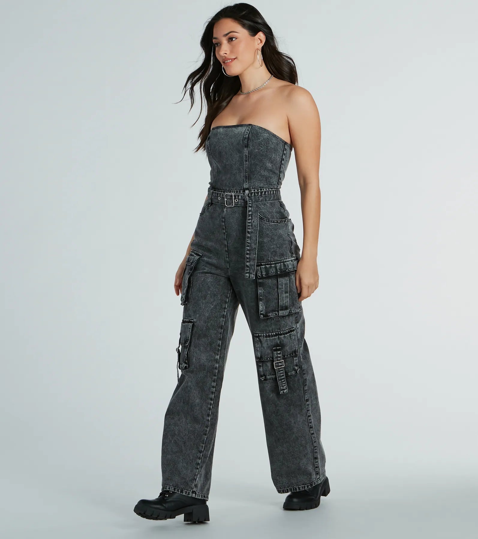 Pit Stop Strapless Cargo Acid Wide-Leg Denim Jumpsuit