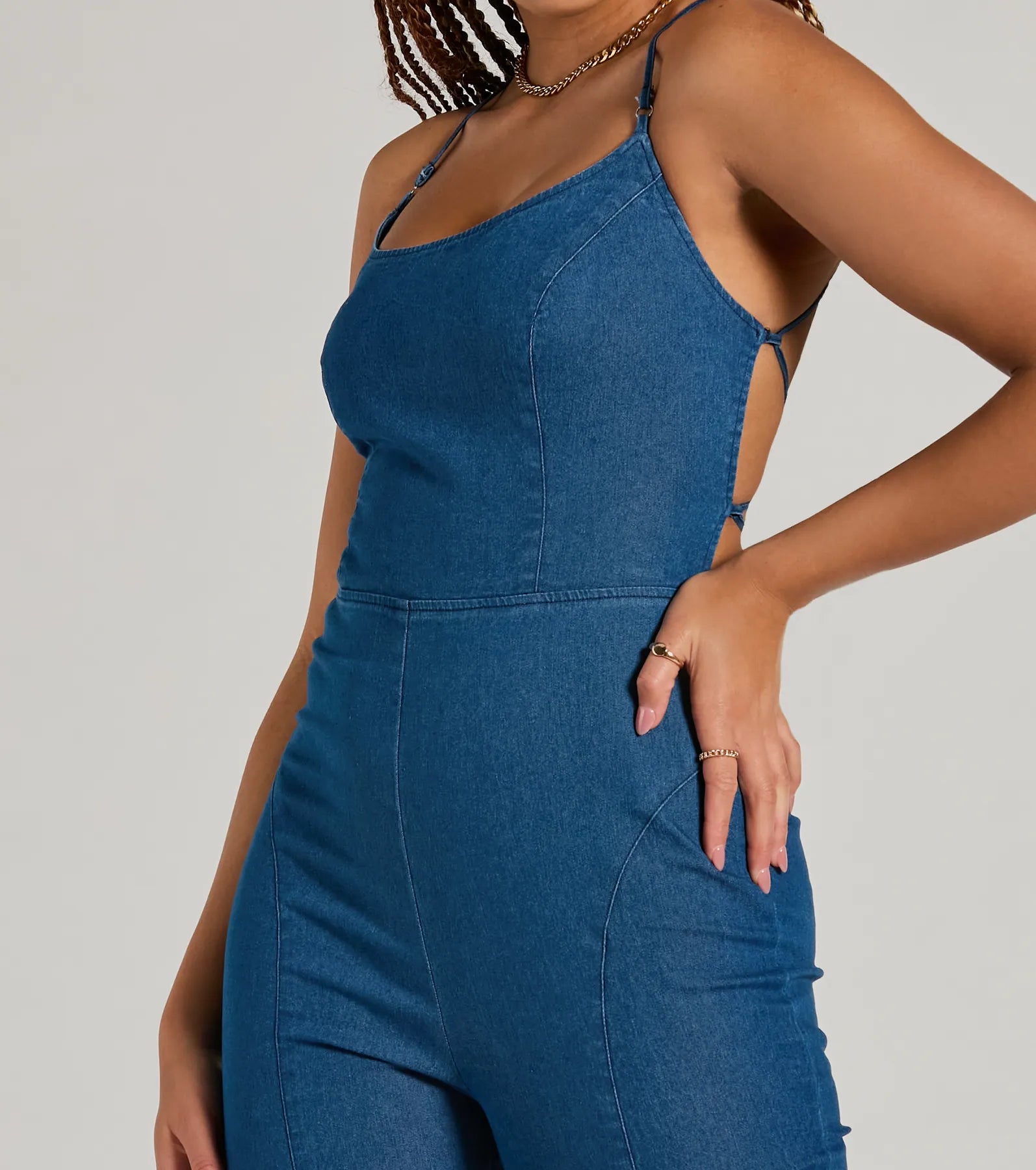 Casual And Cool Lace-Up Flare Denim Jumpsuit