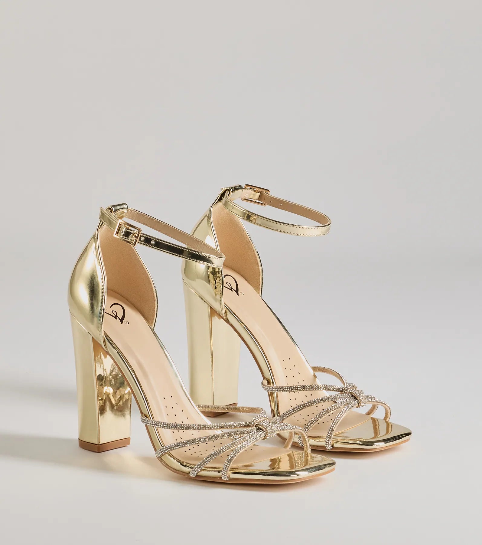 Sparkle Scene Rhinestone Strappy Faux Leather Block Heels