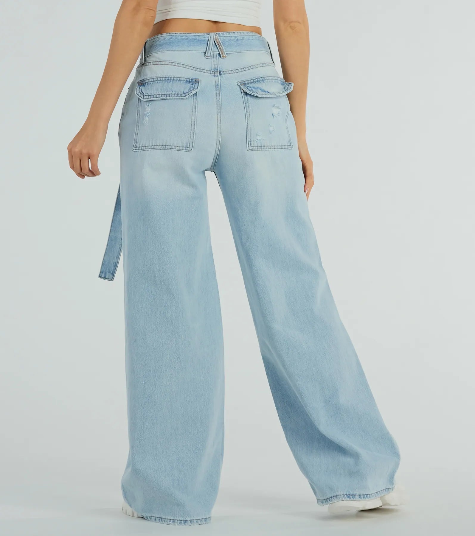 Cool Vibes High-Rise Belted Destructed Wide-Leg Jeans