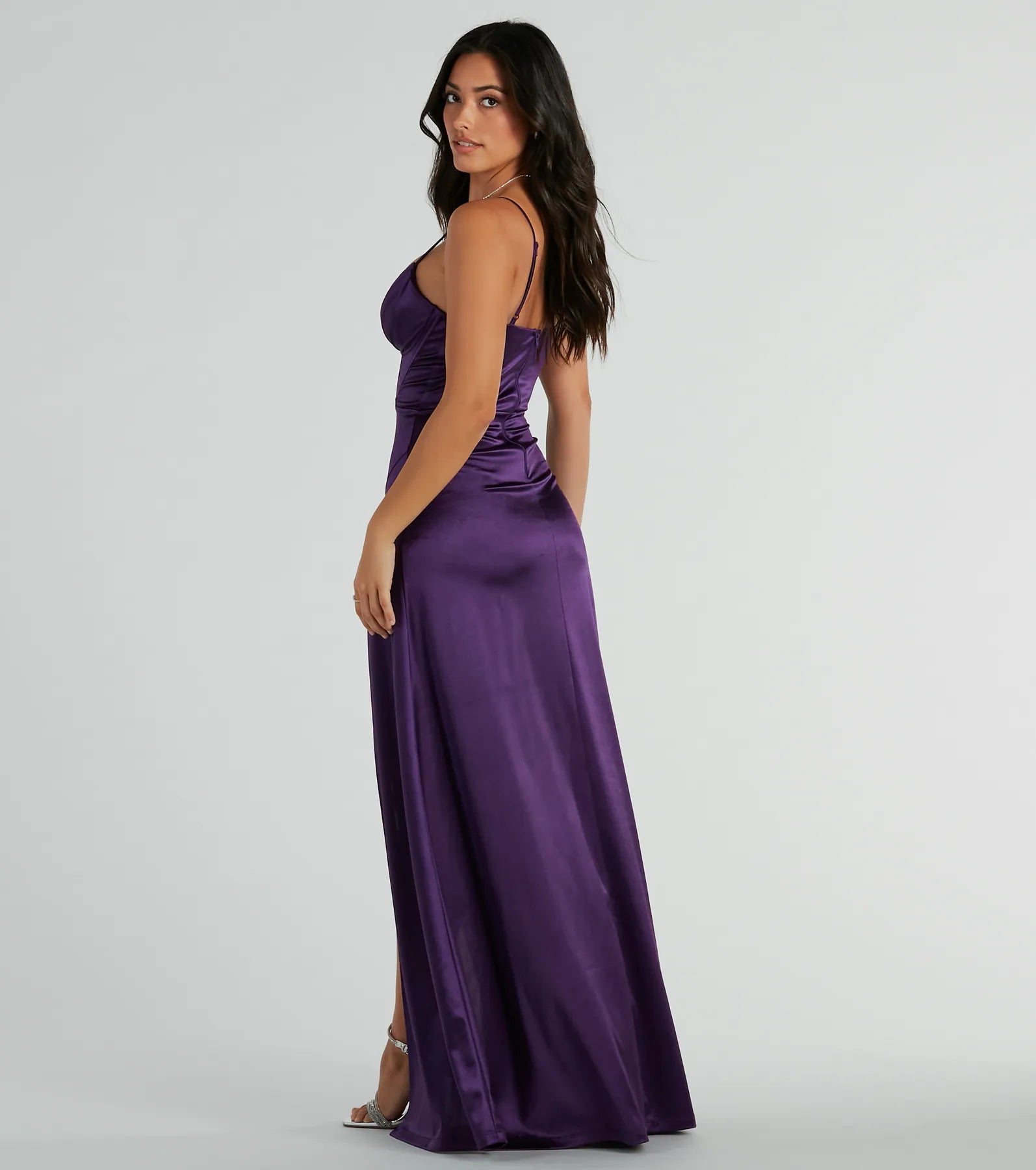 Haley Corset Slit A-Line Satin Formal Dress