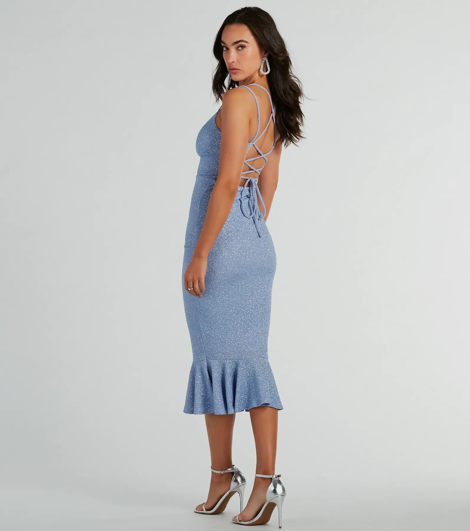 Marlee Lace-Up Mermaid Glitter Midi Formal Dress