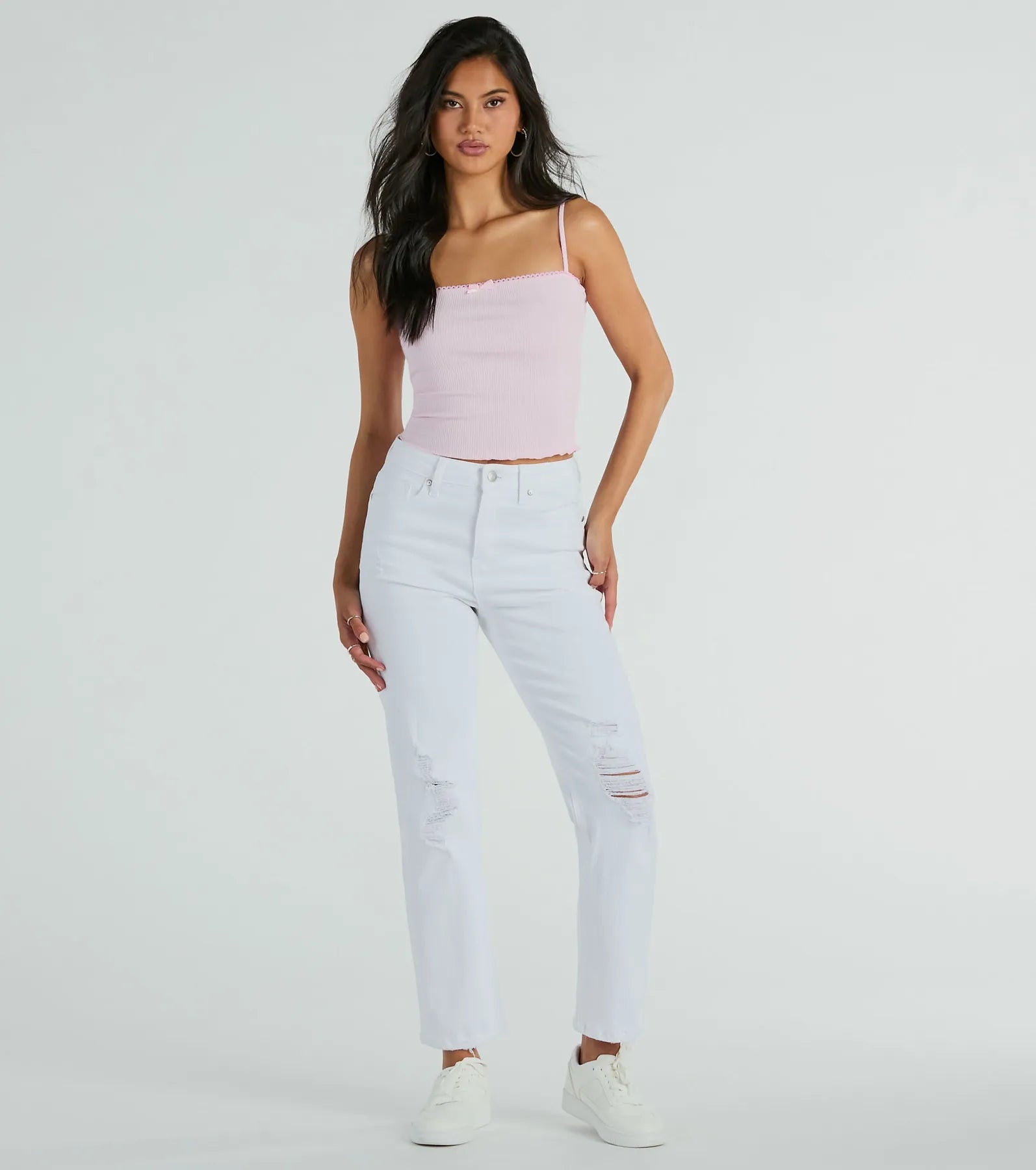 Basics To Love Lace Trim Bow Crop Tank Top