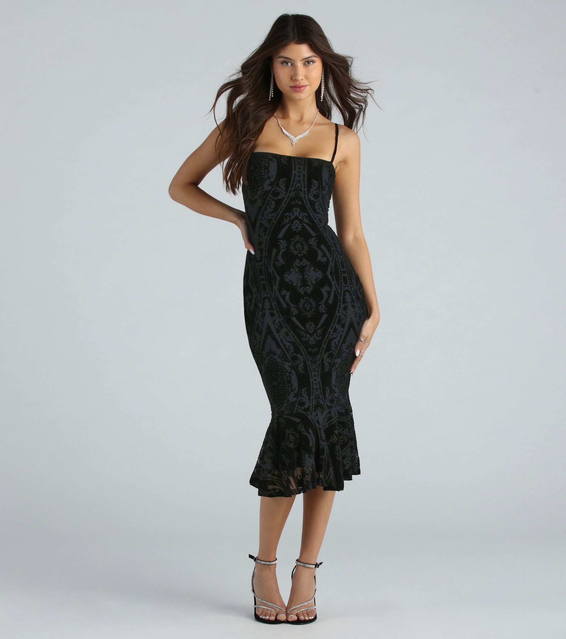 Step Out In Flocked Velvet Ruffle Midi Dress