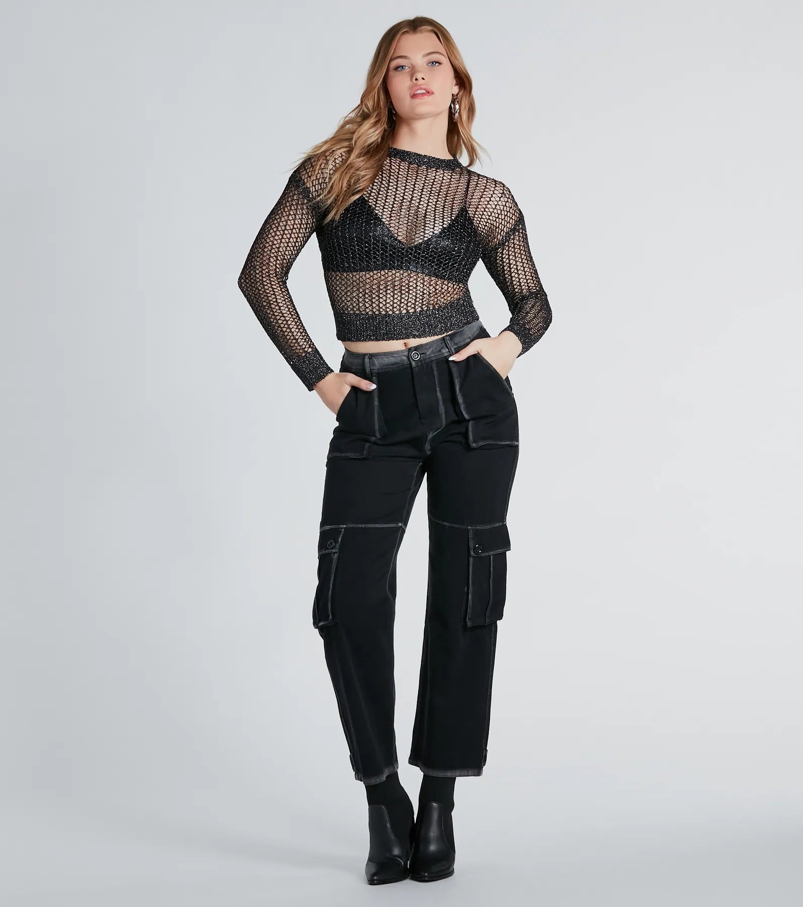 Luxurious Twist Fishnet Sweater With Bralette