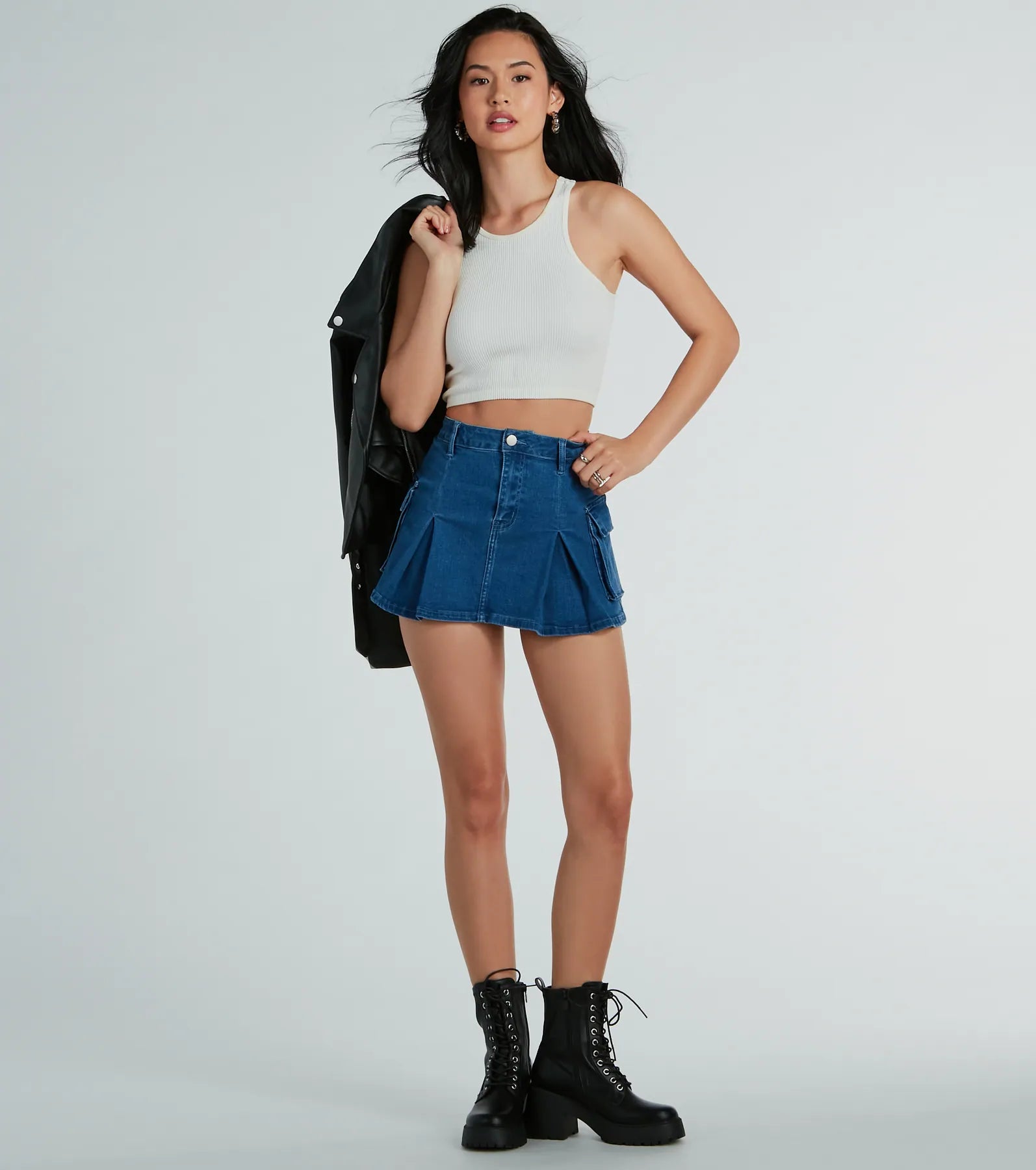 Channel Cute Mid-Rise Pleated Denim Mini Skirt