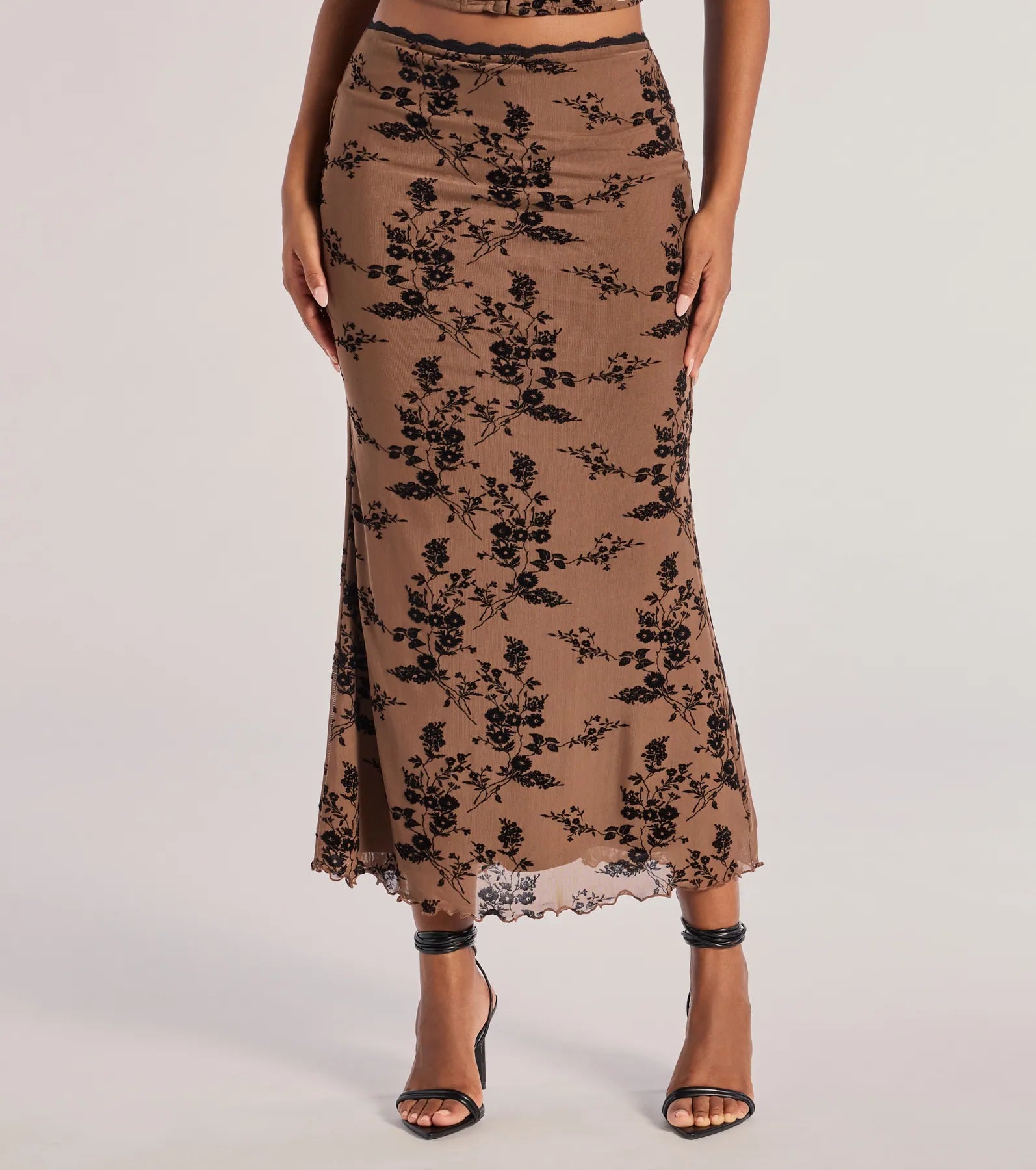 Romantic Aura Flocked Floral Mesh Maxi Skirt