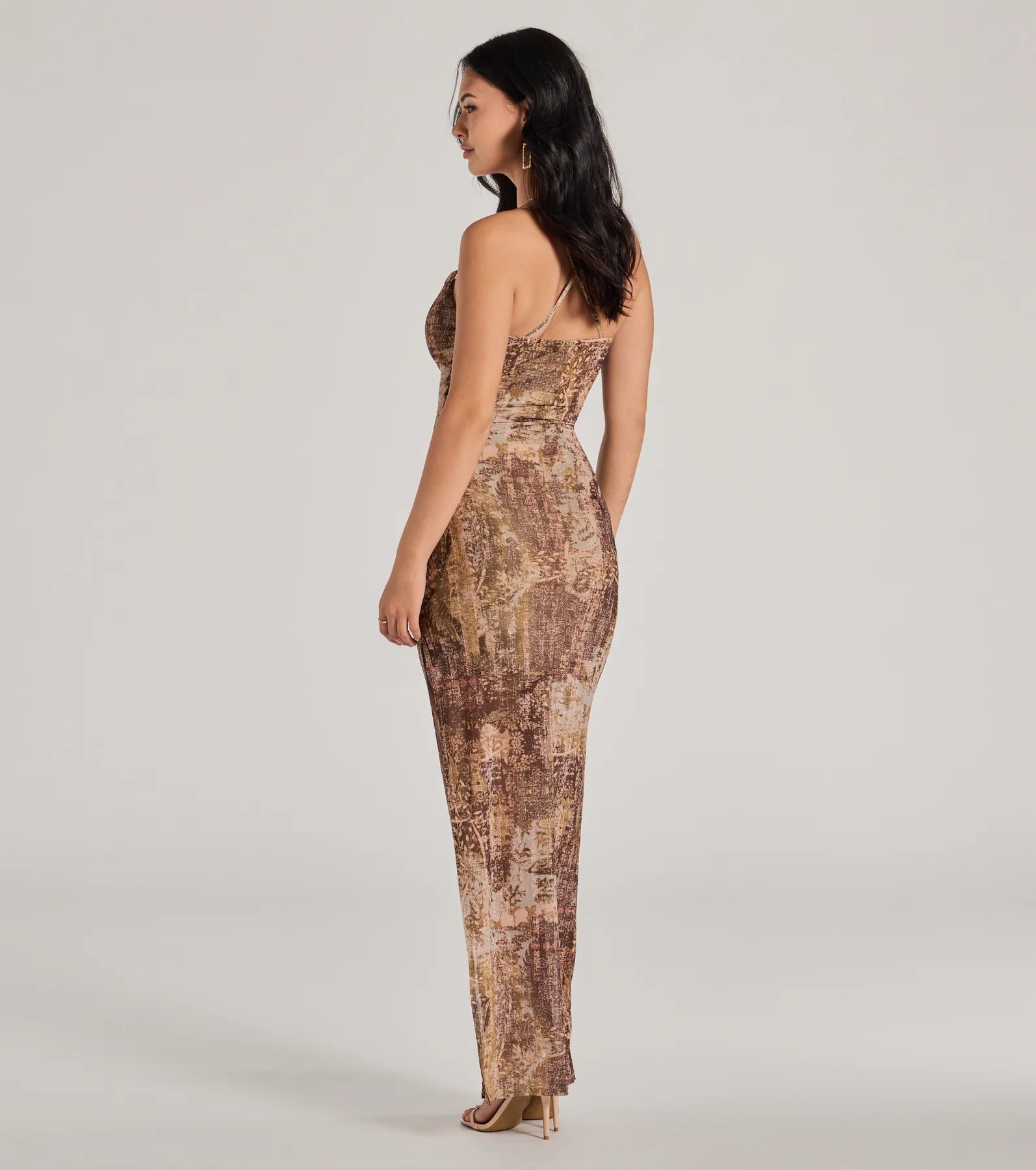 Perfect Style Cowl Neck Slit Paisley Maxi Dress