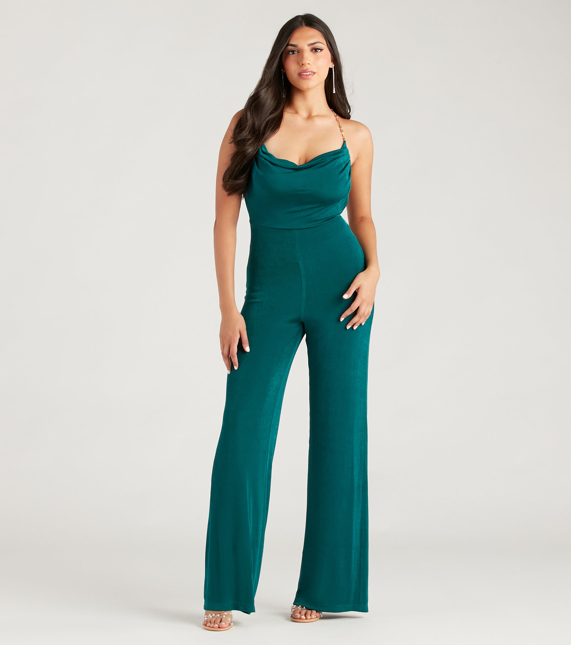 Edgy Perfection Chain Strap Cowl Neck Jumpsuit