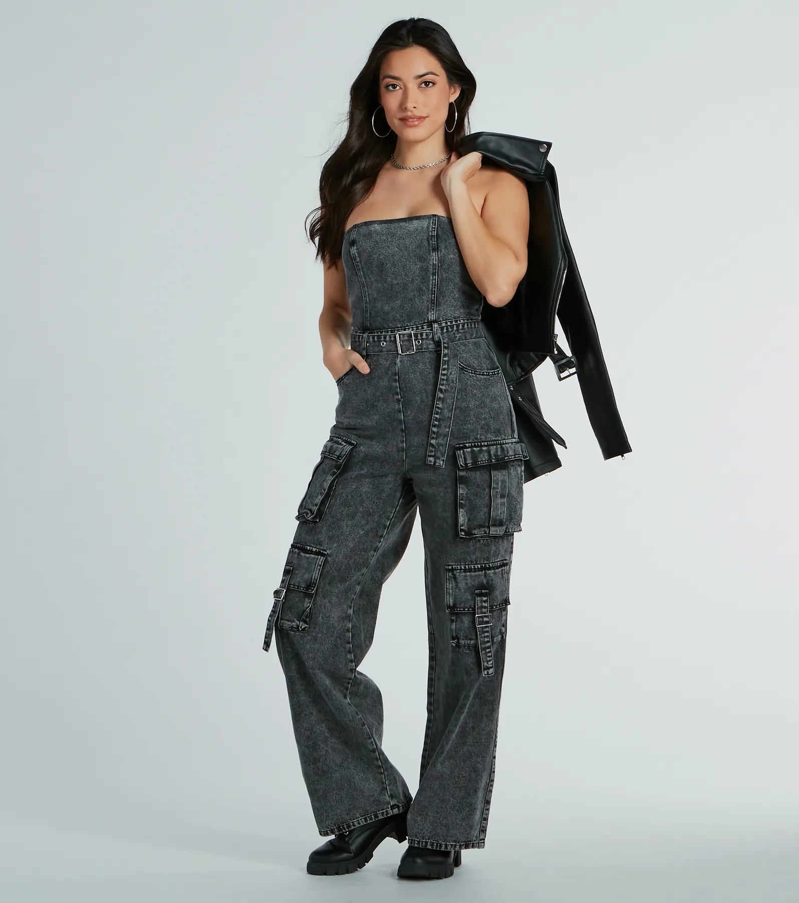 Pit Stop Strapless Cargo Acid Wide-Leg Denim Jumpsuit