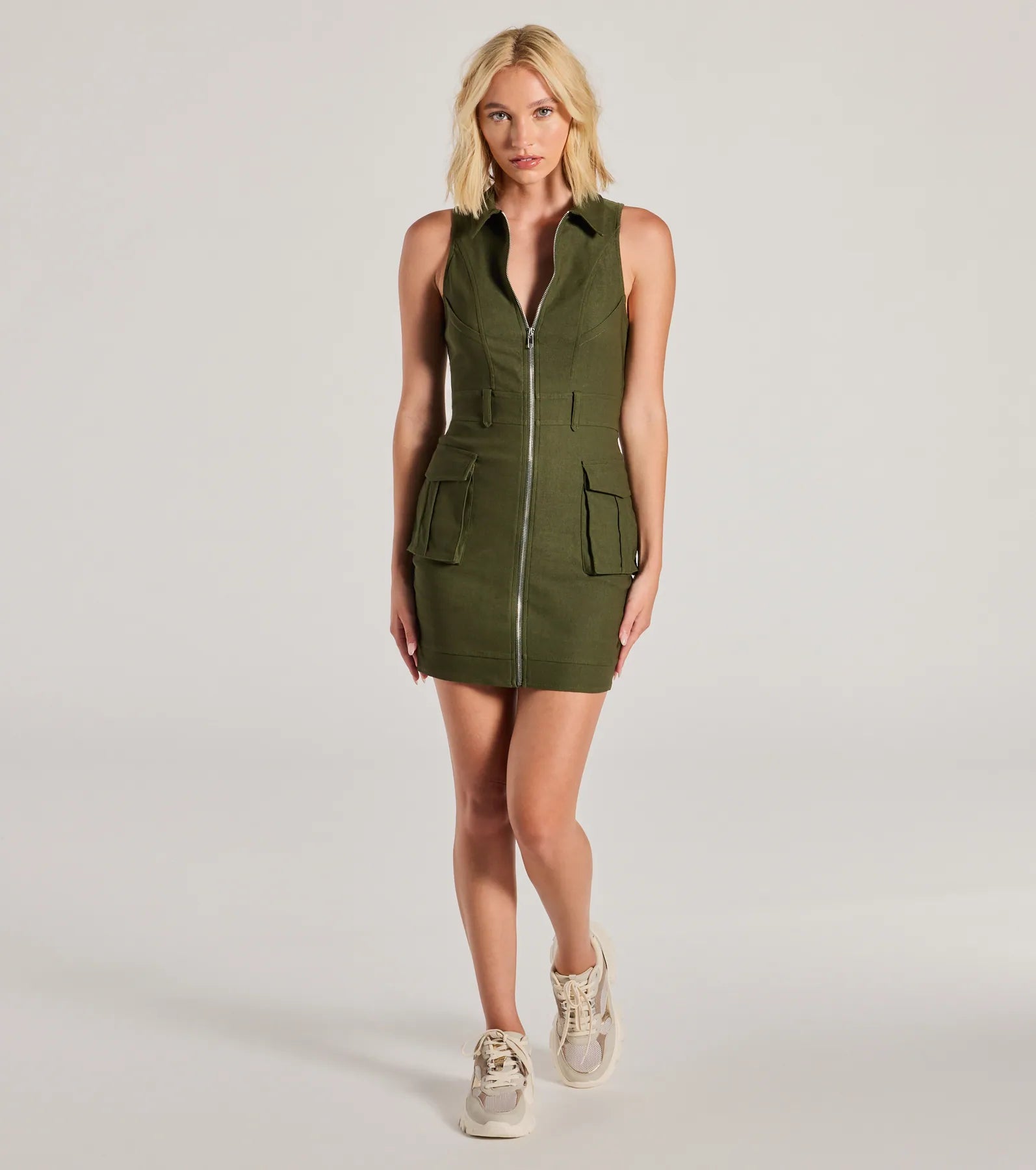 All The Attention Collared Cargo Mini Dress