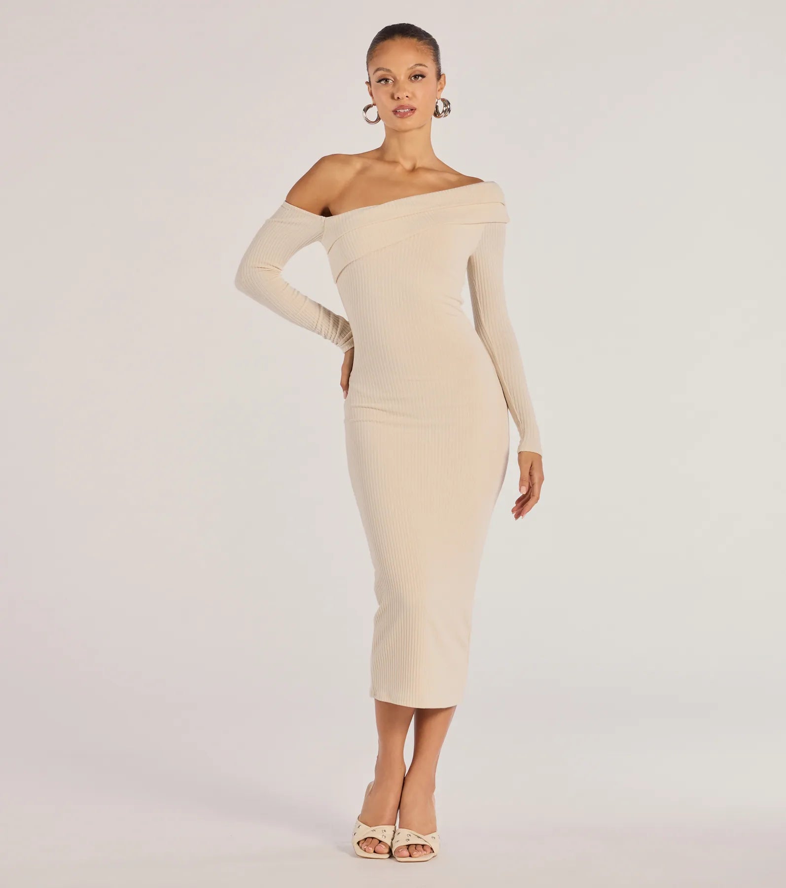 Sharp Lines Asymmetrical Long Sleeve Midi Dress