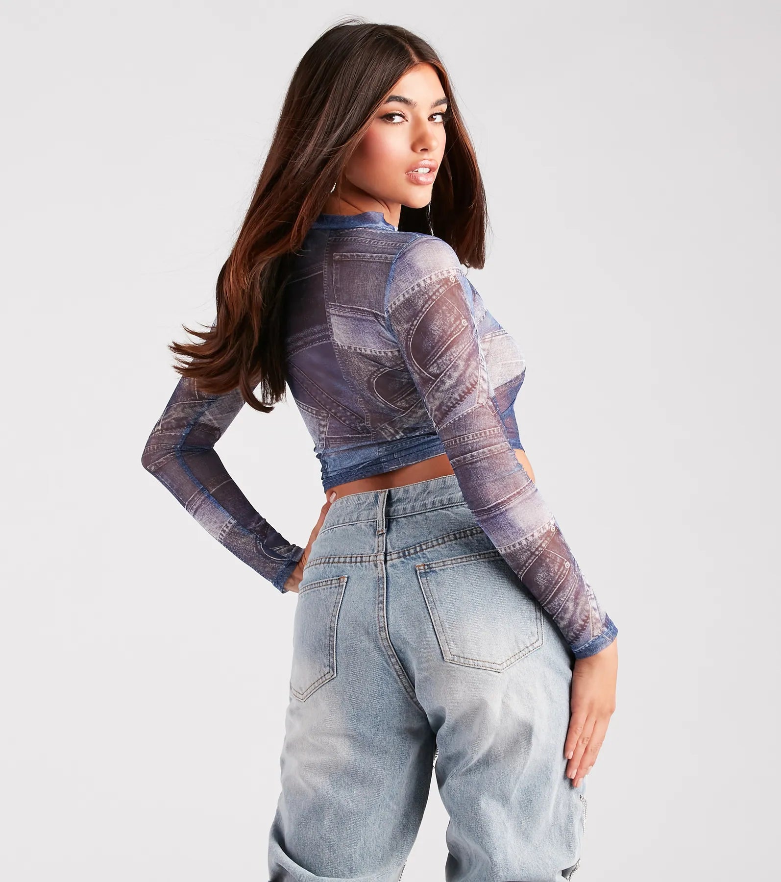 Stretch The Rules Mesh Denim Print Crop Top