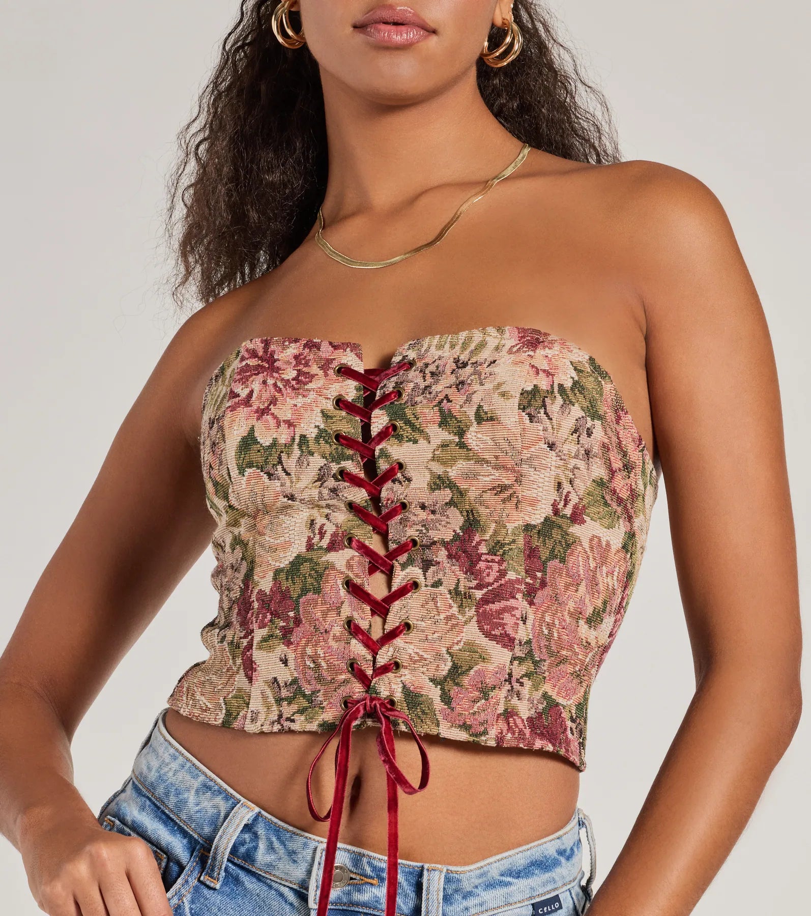 Blooming Beauty Tapestry Lace-Up Cropped Corset Top