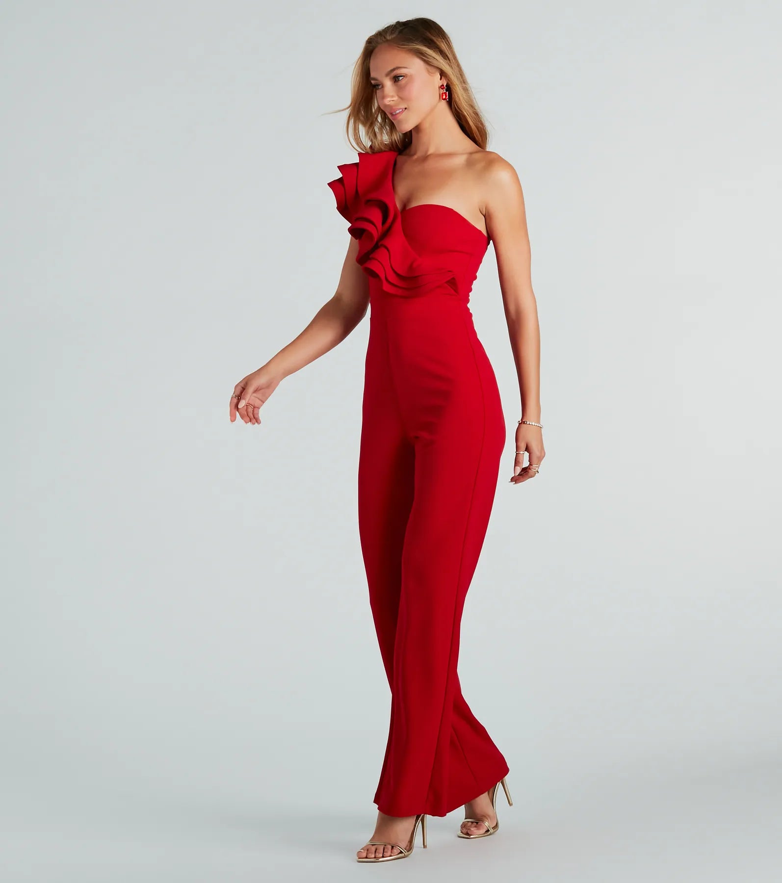 Catwalk Strut Crepe Ruffle One-Shoulder Jumpsuit