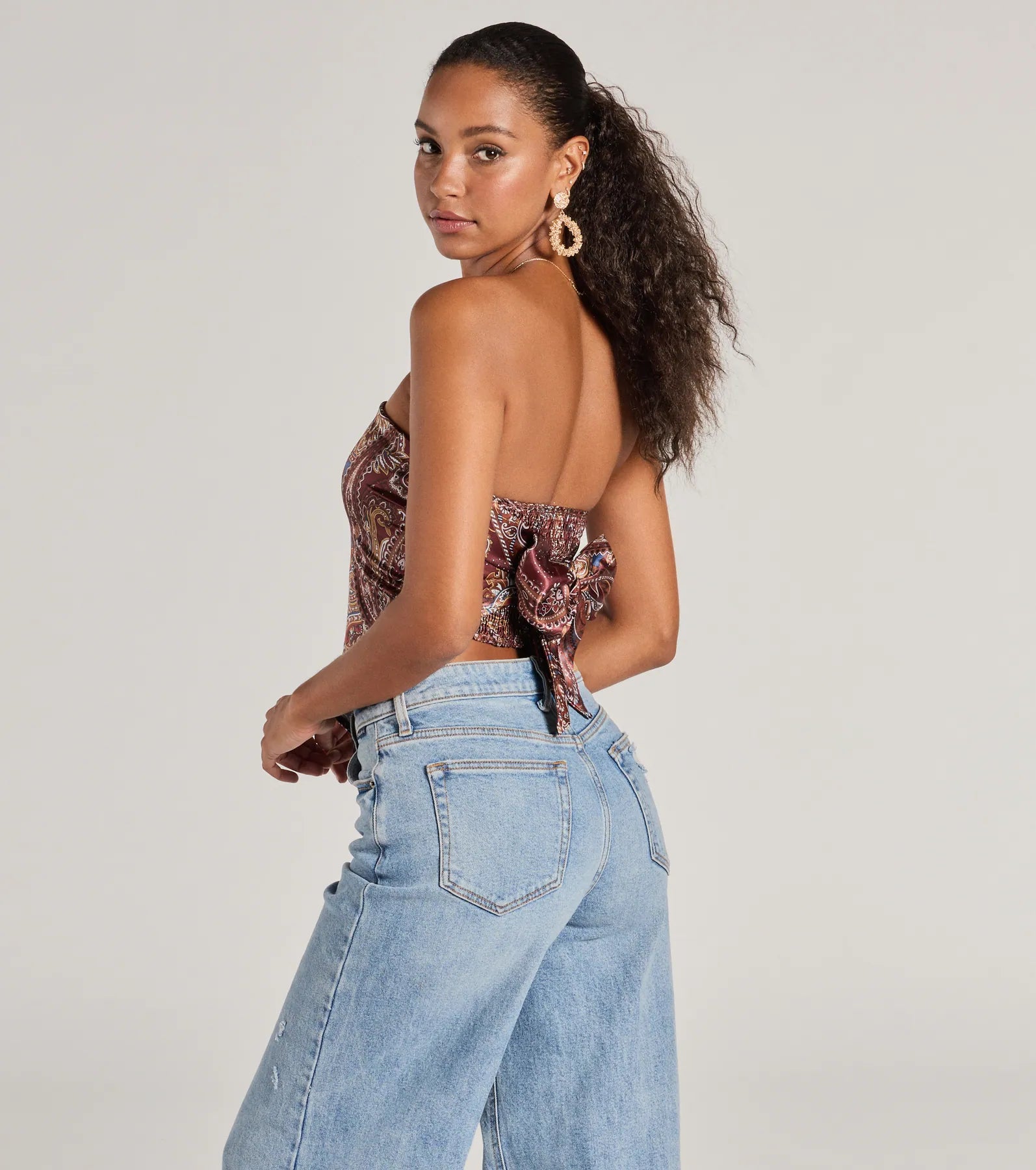 Sangria Sunset Strapless Paisley Satin Crop Top