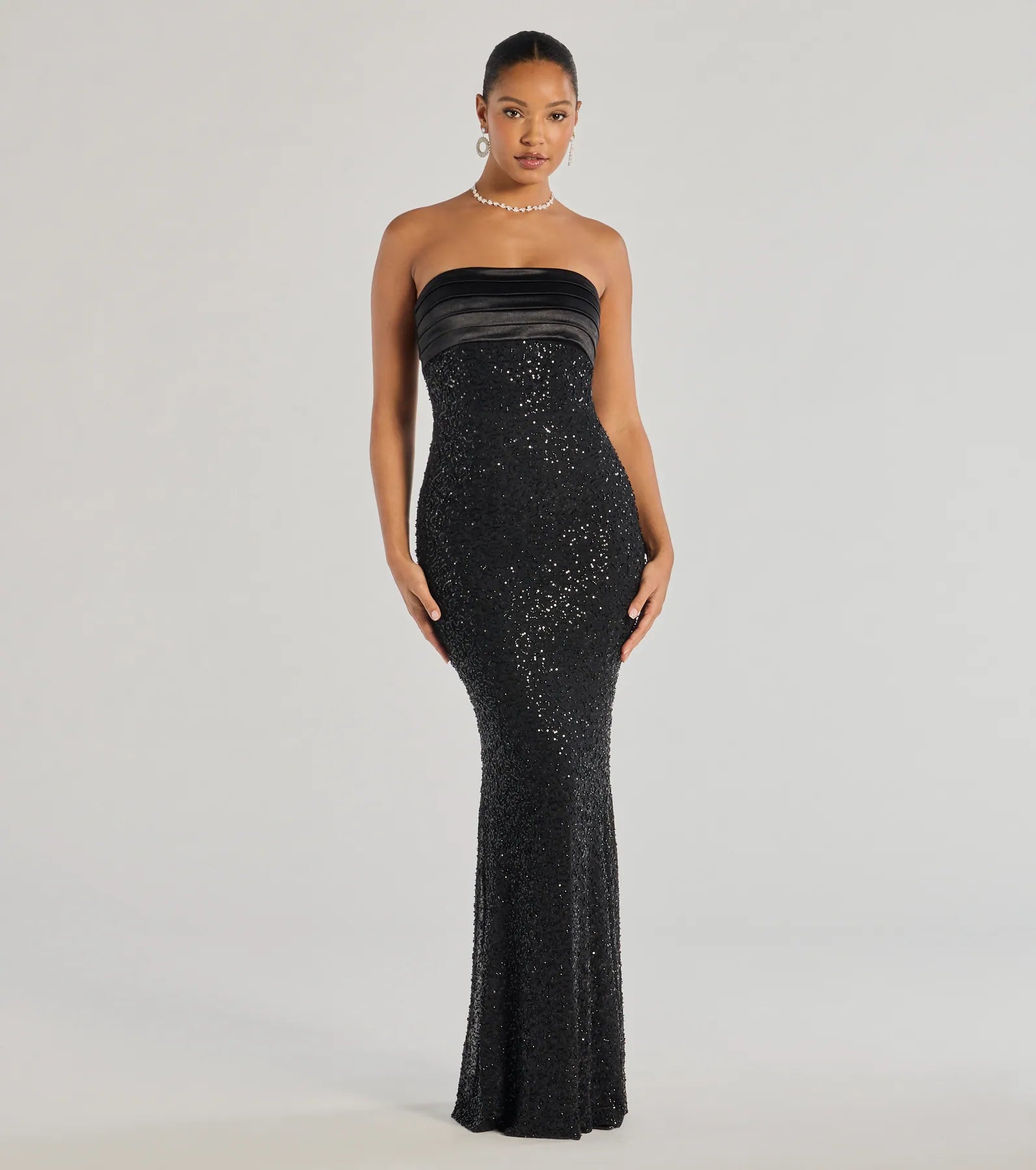 Stacey Strapless Satin Sequin Mermaid Formal Dress