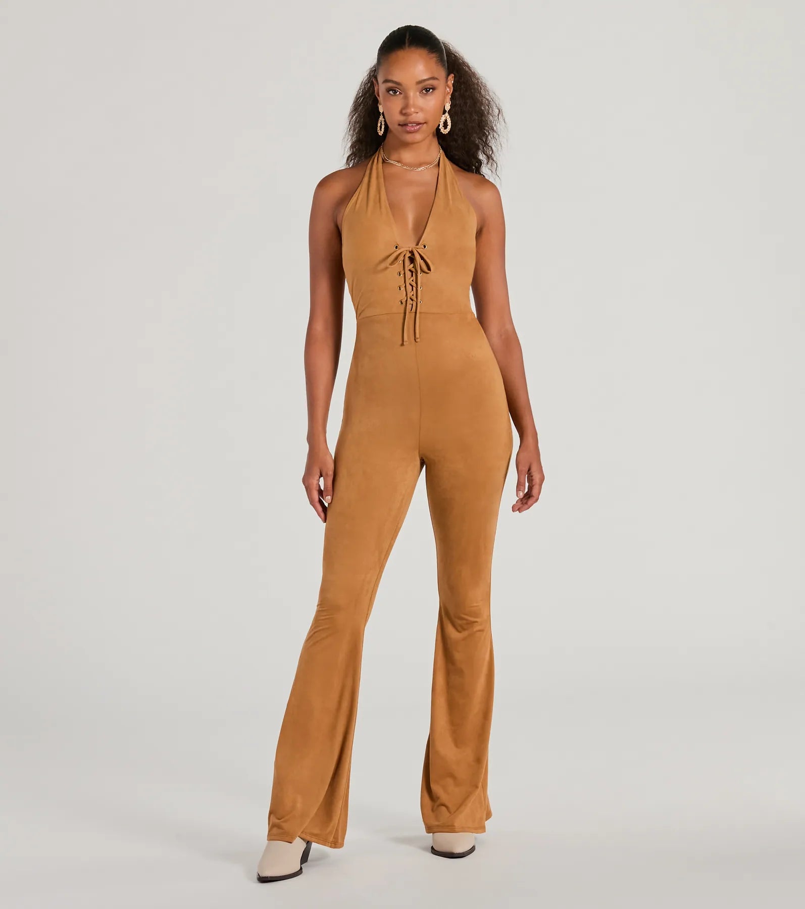 Eyes On Me Lace-Up Flare Faux Suede Jumpsuit