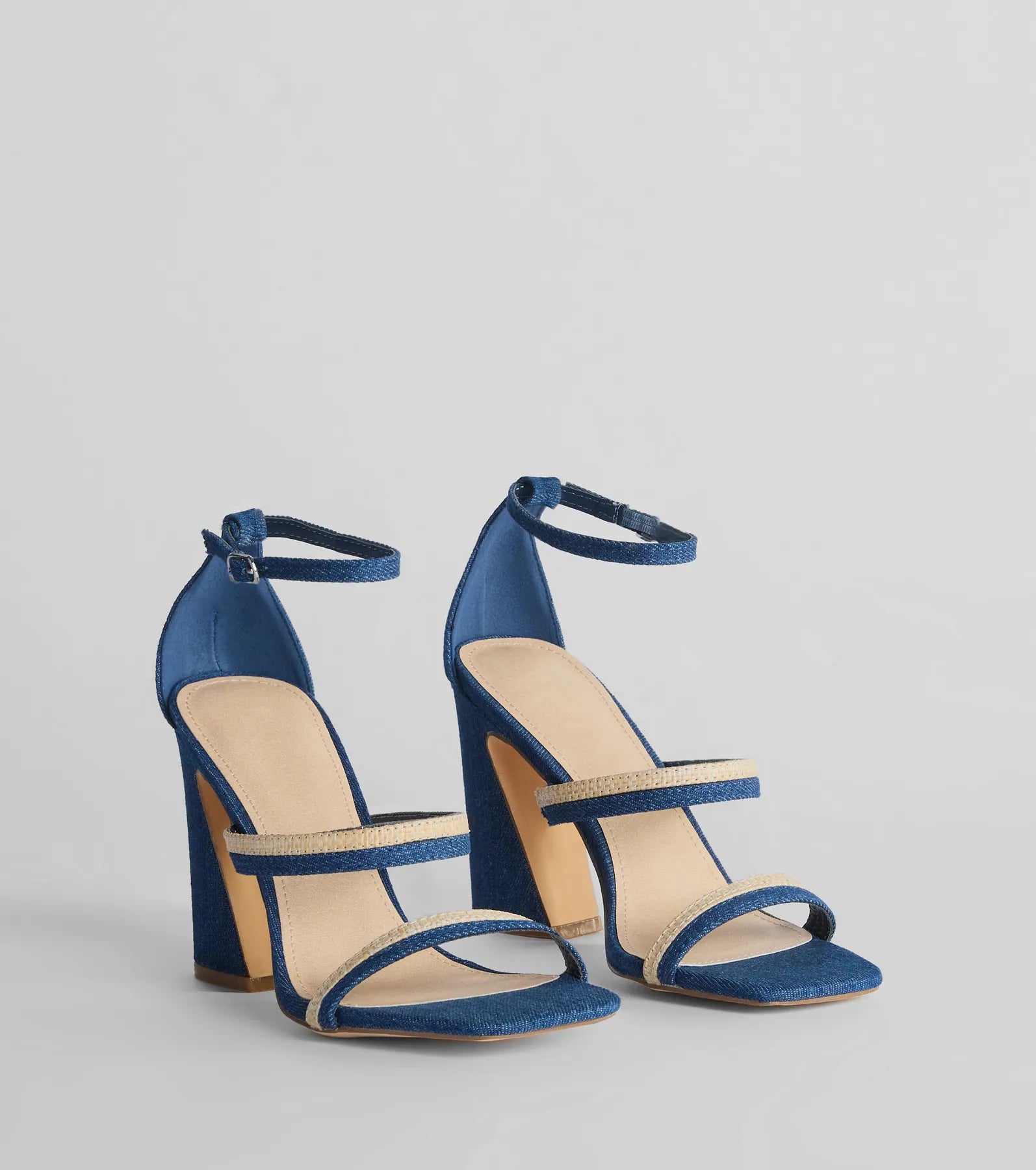 Sunshine Check Strappy Straw Denim Block Heels