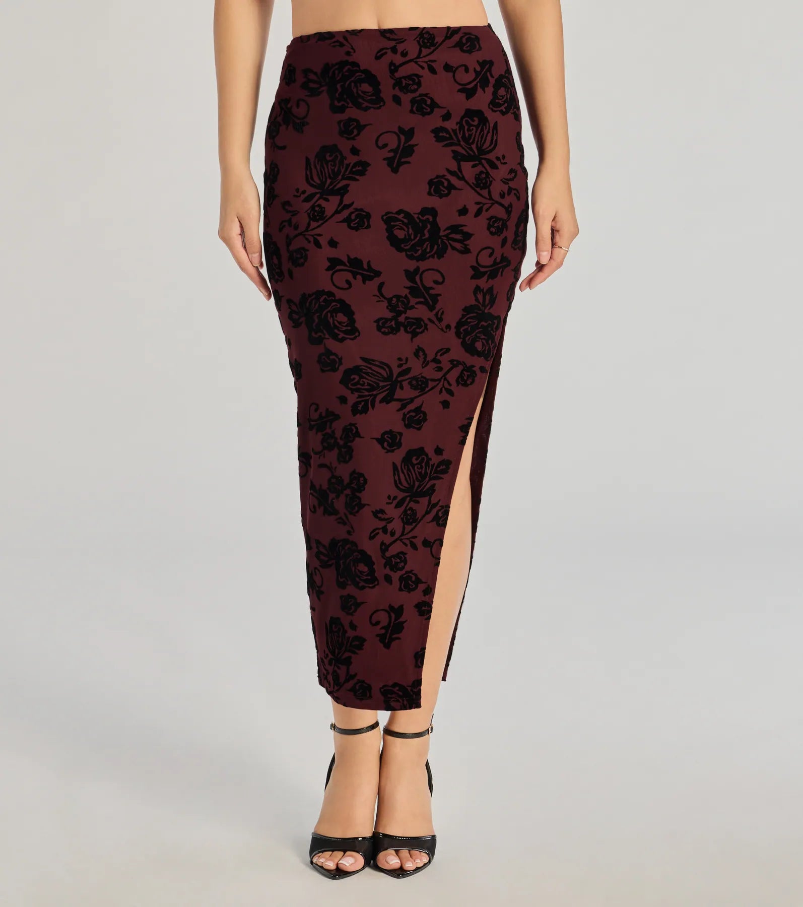 Luxe Wonder Flocked Velvet Floral Midi Skirt