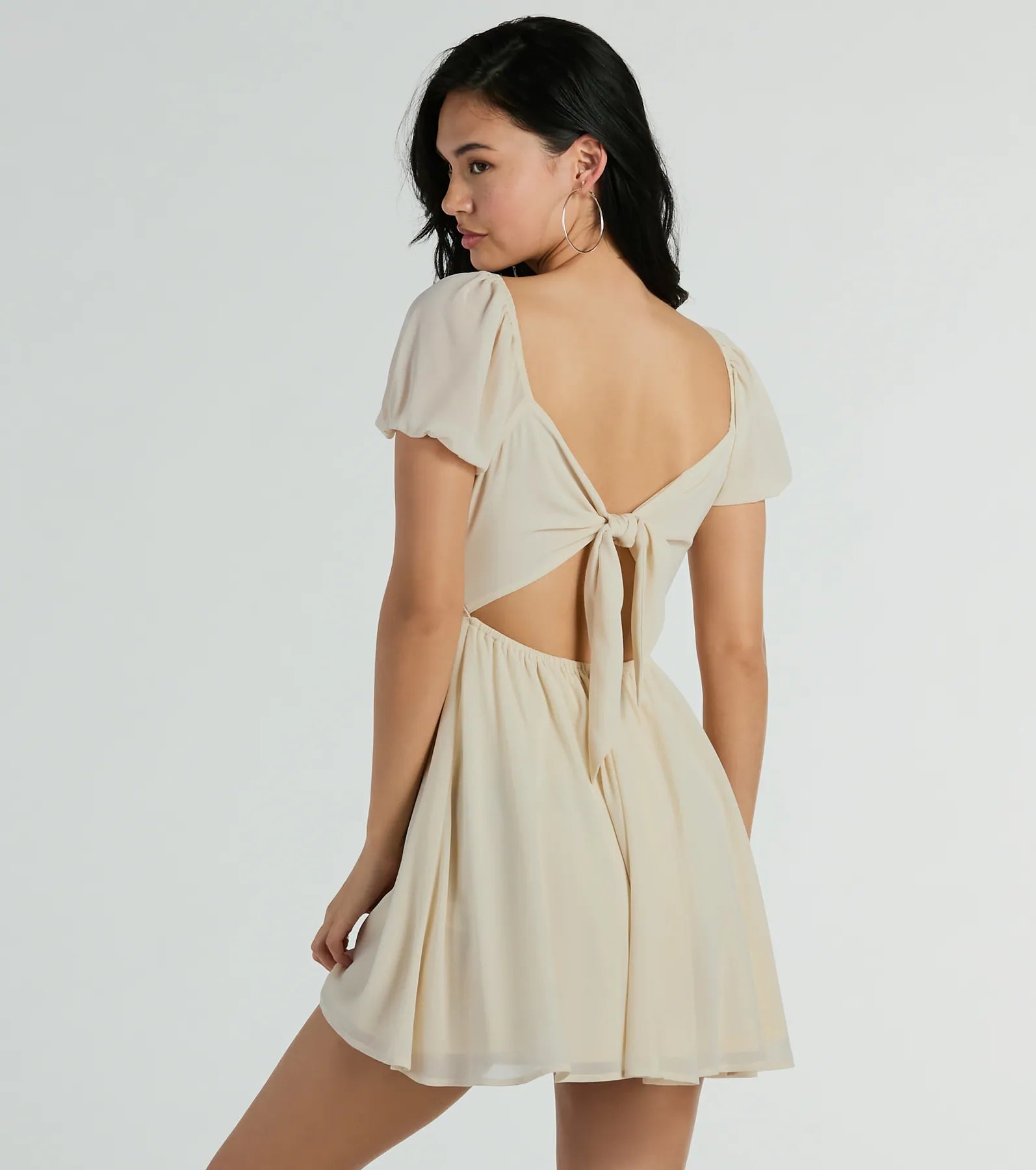 Flirt And Twirl Puff Sleeve Tie-Back Skater Dress