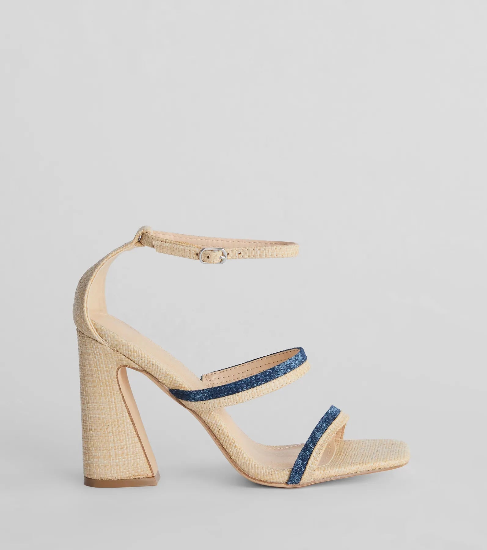 Sunshine Check Strappy Straw Denim Block Heels