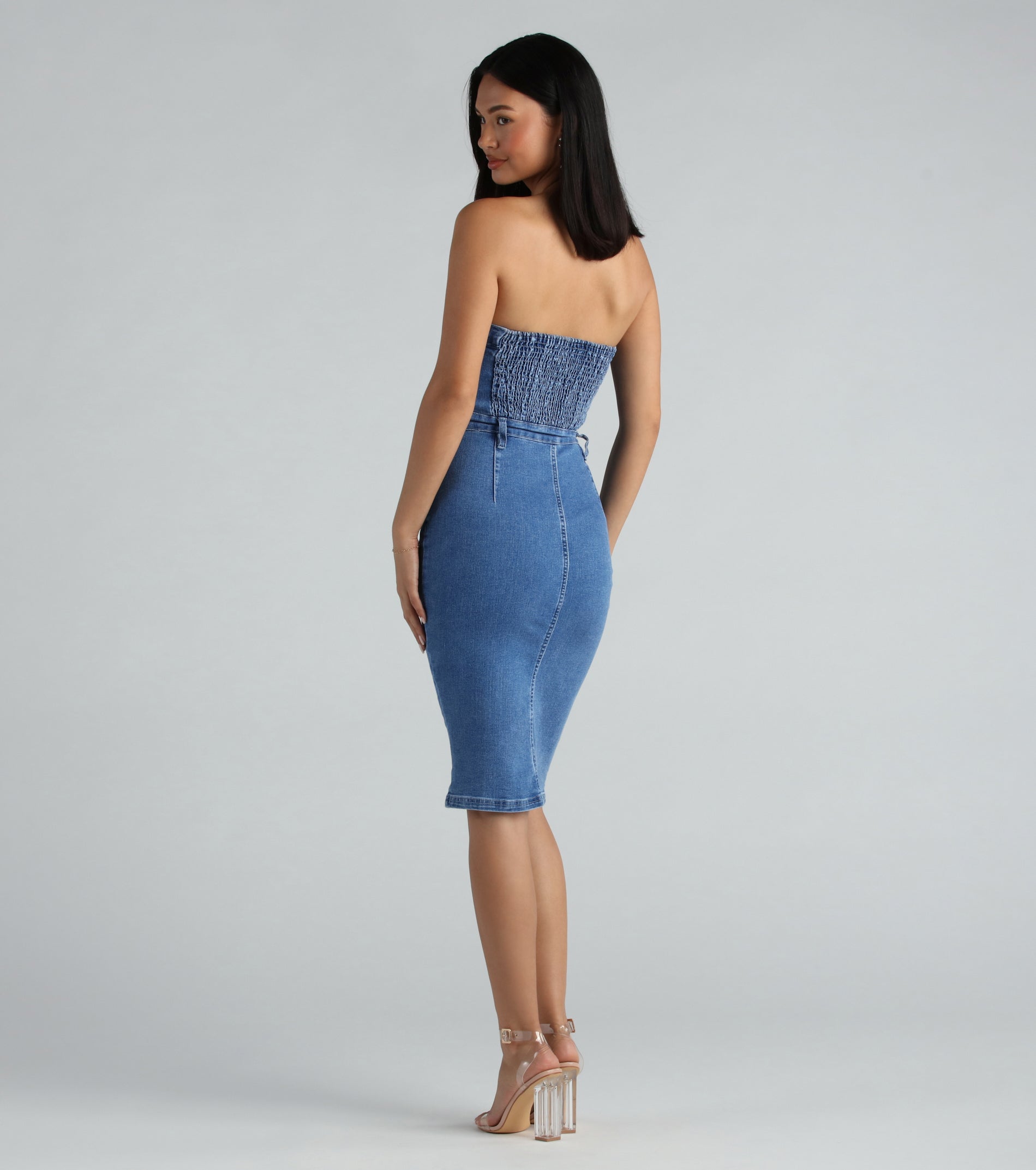 On The Down Low Denim Strapless Midi Dress