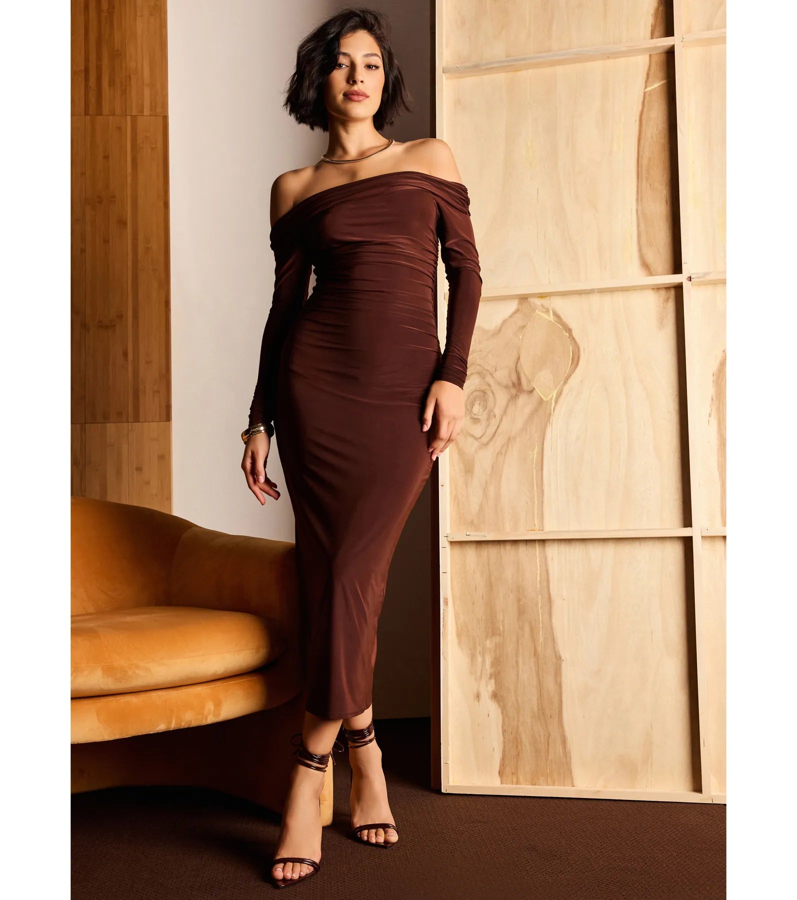 Casual Affair Long Sleeve Ruched Midi Dress