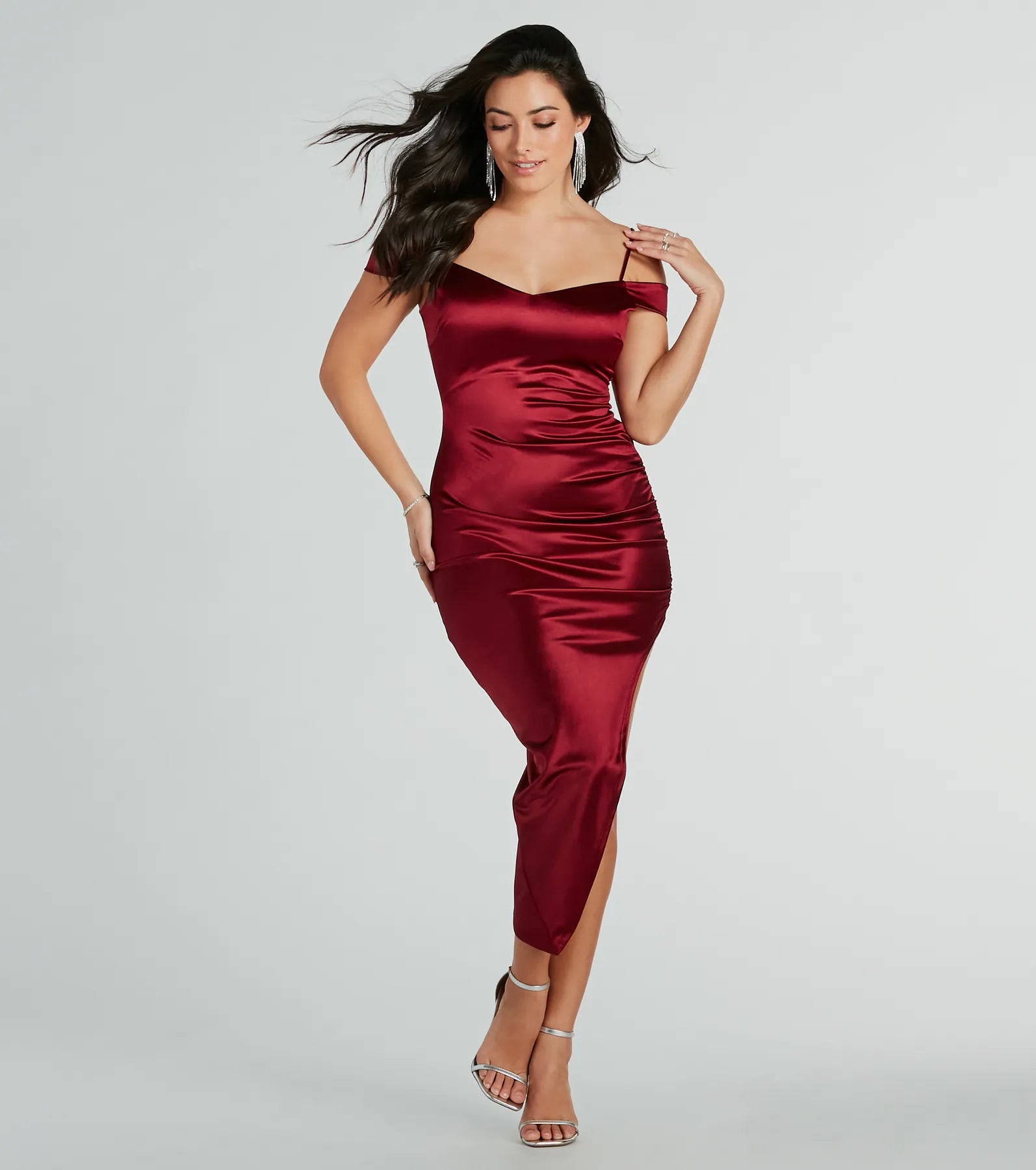 Stunning Arrival Satin Ruched Midi Dress