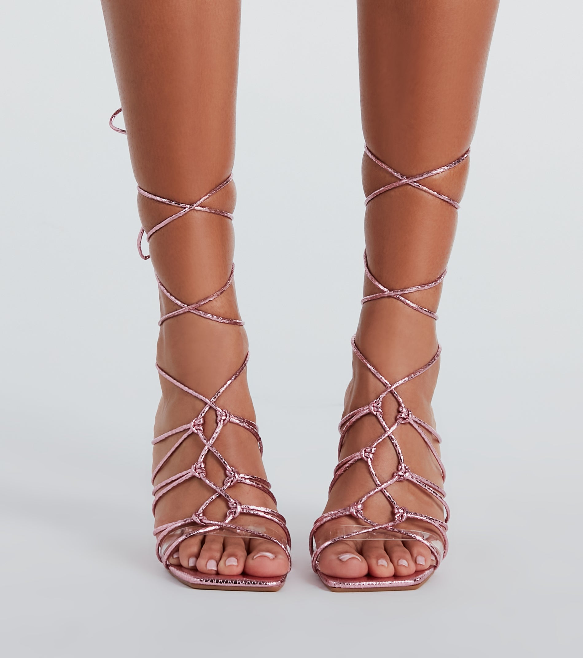 Fashionable Caged Lace-Up Metallic Heels