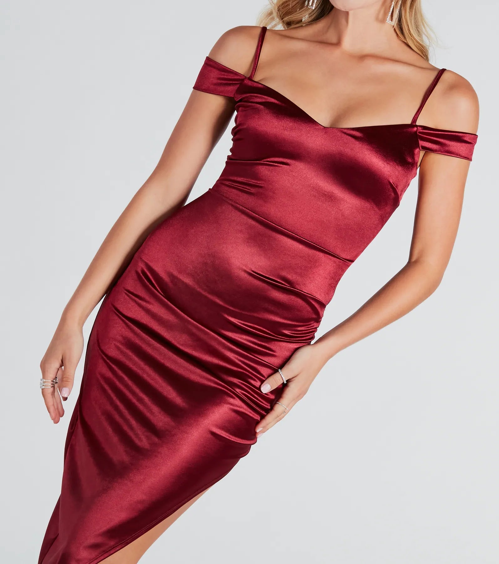 Stunning Arrival Satin Ruched Midi Dress