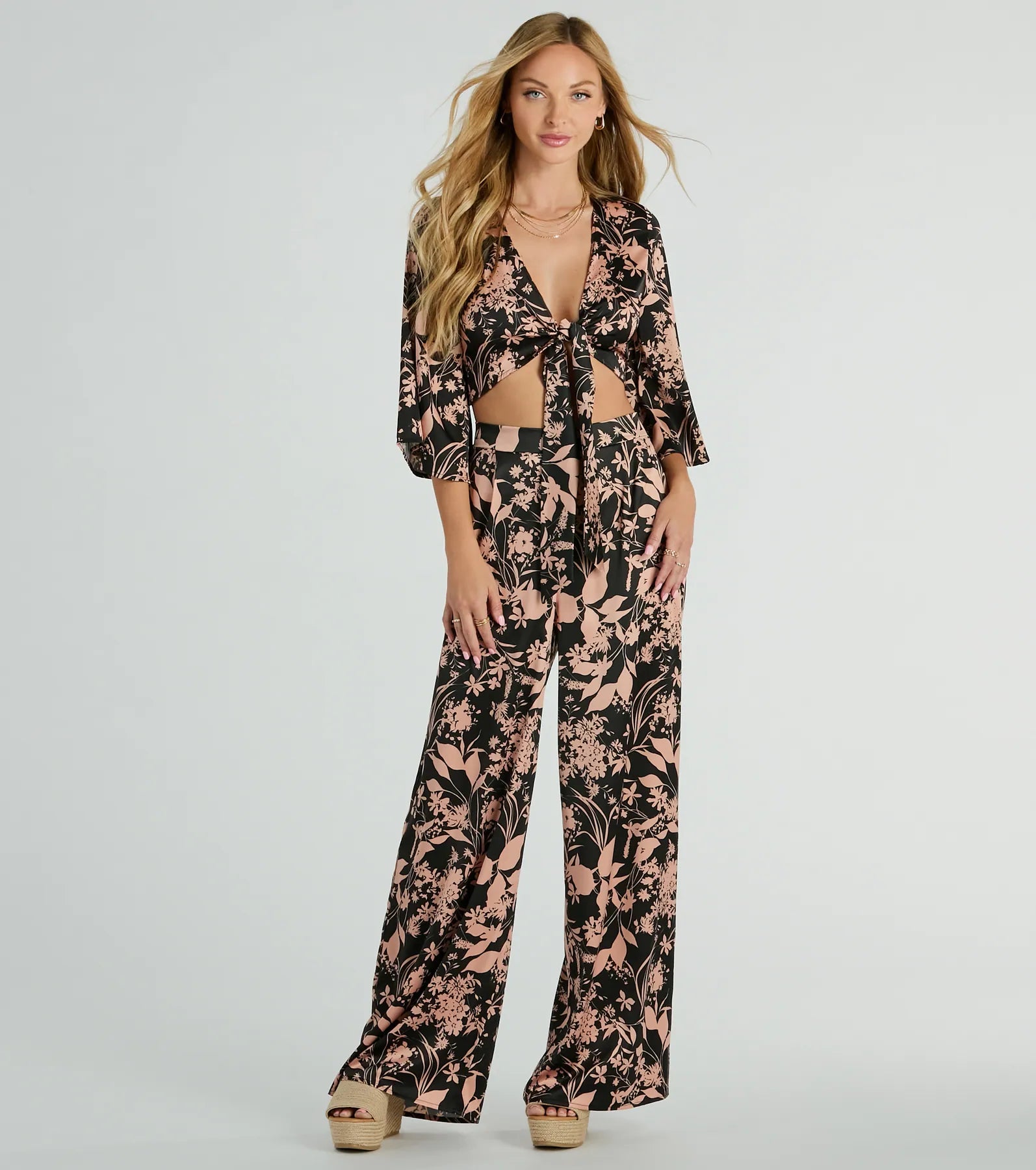 Flawless Floral Kimono Tie-Front Satin Crop Top