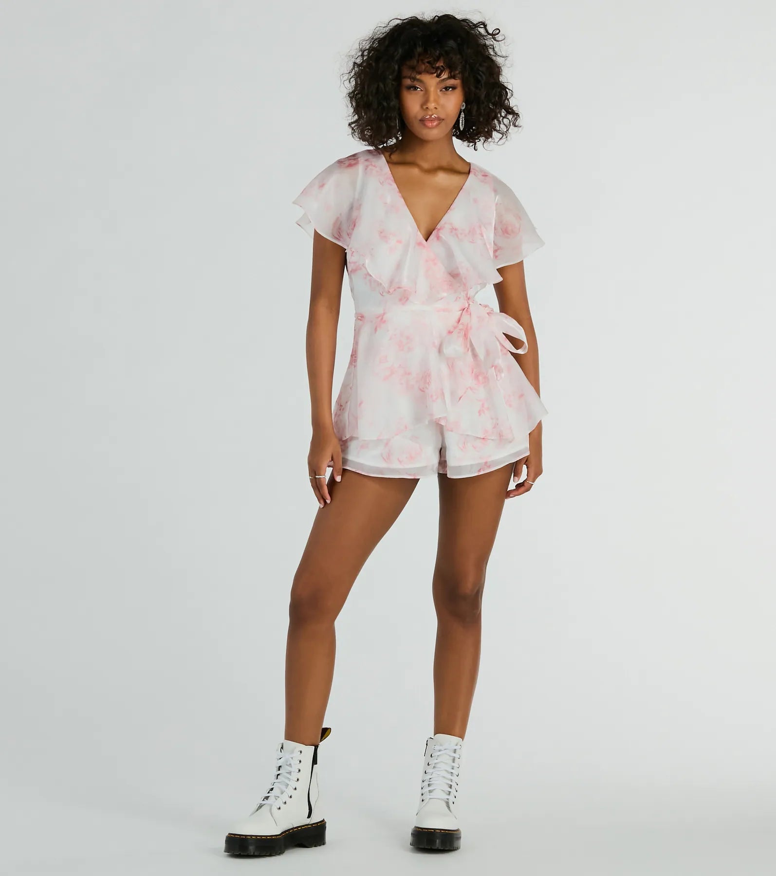 Dreamy Escape Ruffled Rose Floral Organza Romper