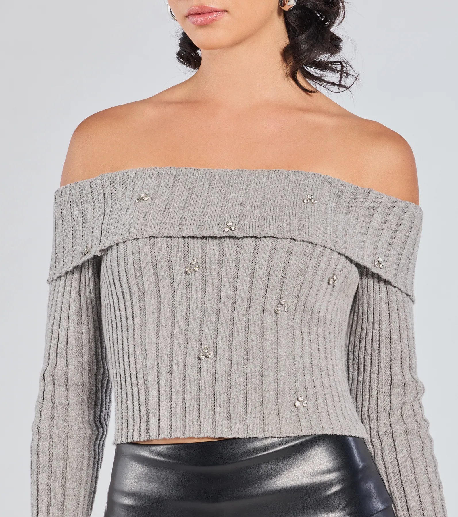 Cozy Glitz Off-The-Shoulder Rhinestone Sweater