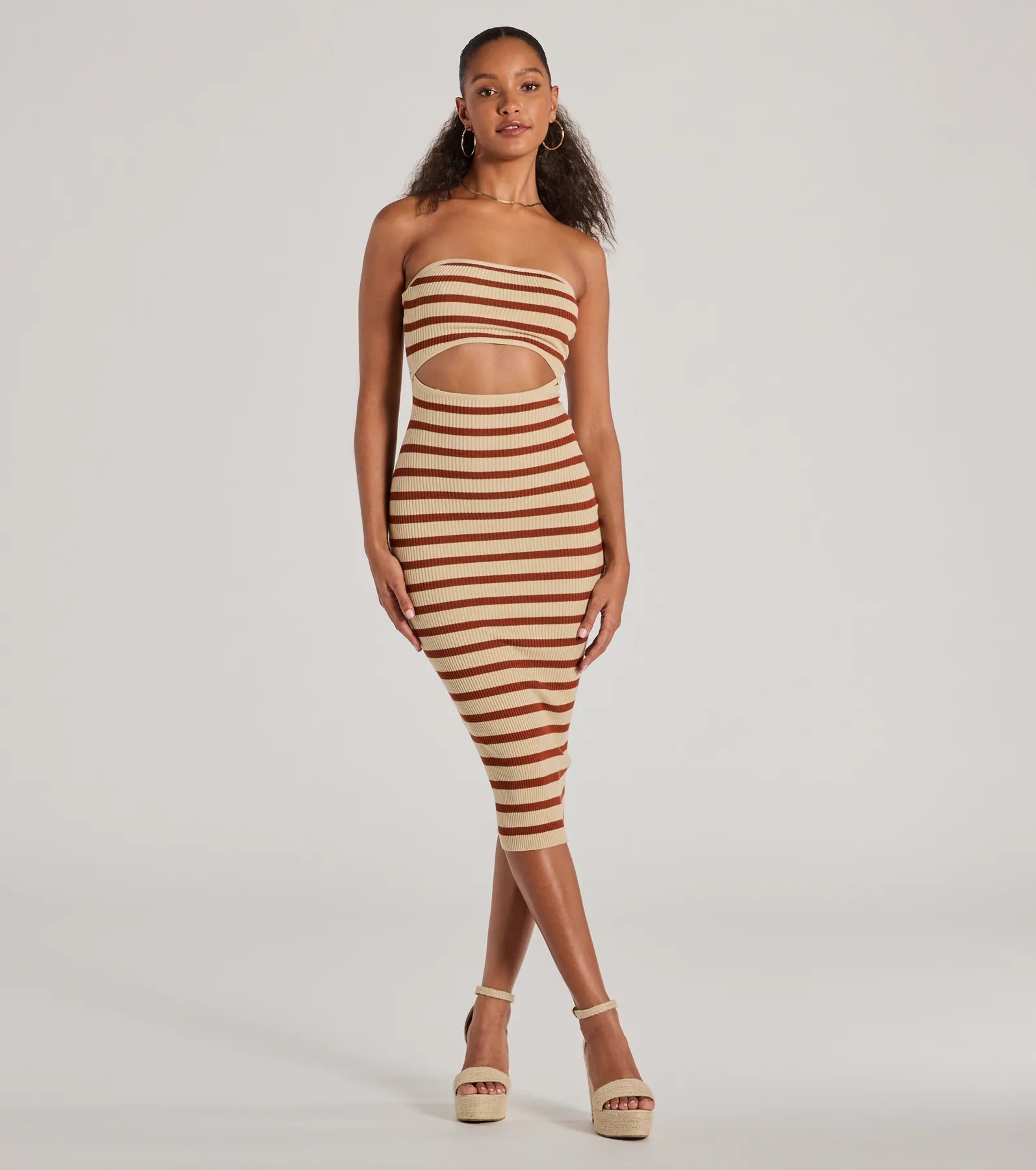 Babe In Stripes Strapless Cutout Ribbed Knit Midi Dress