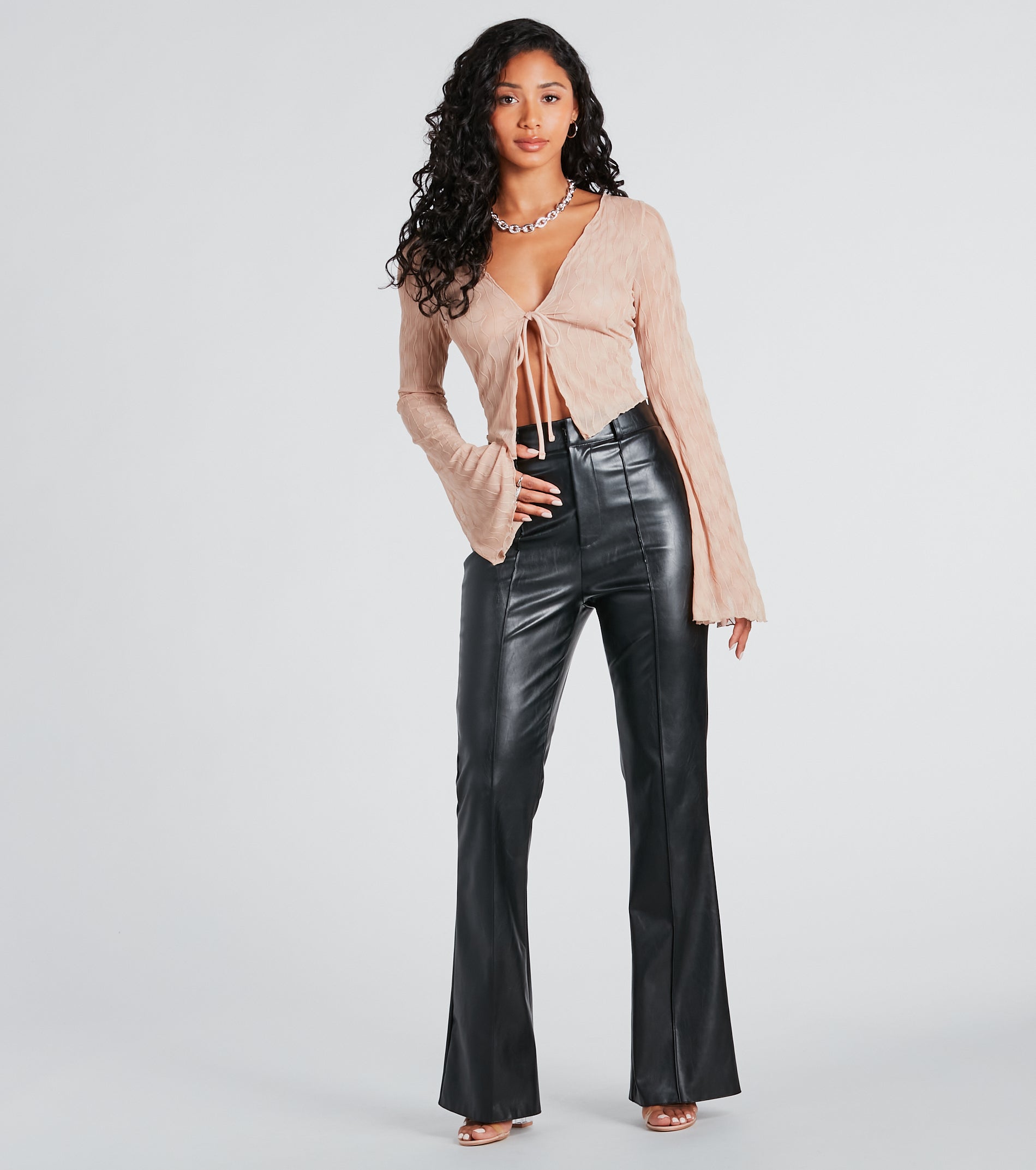 Texture Babe Bell Sleeve Tie-Front Crop Top