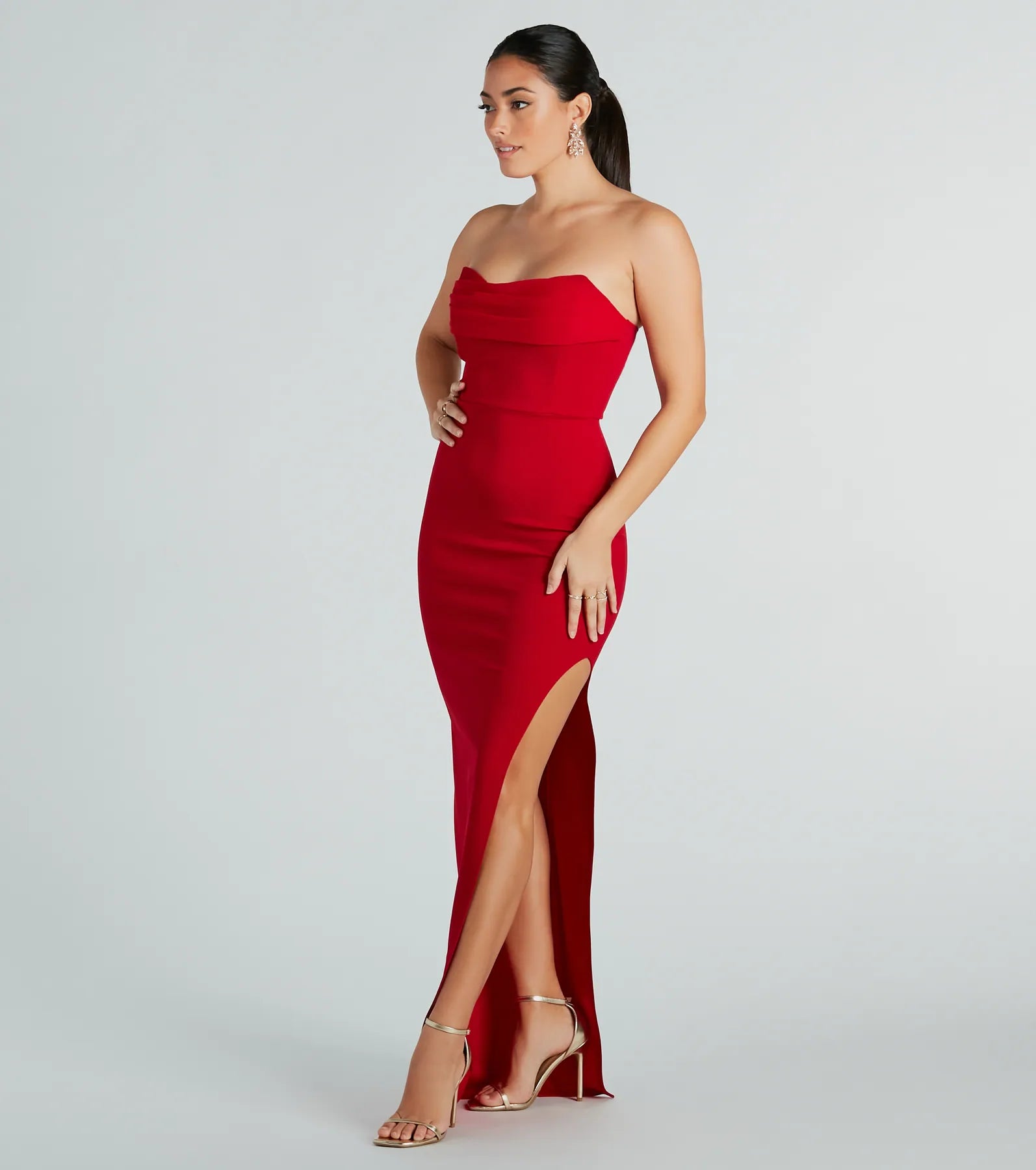 Aurie Formal Crepe Strapless Slit Long Dress