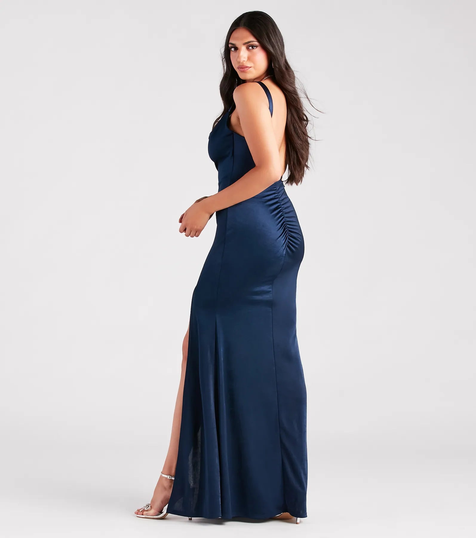 Angeline Low Back High Slit Satin Mermaid Dress