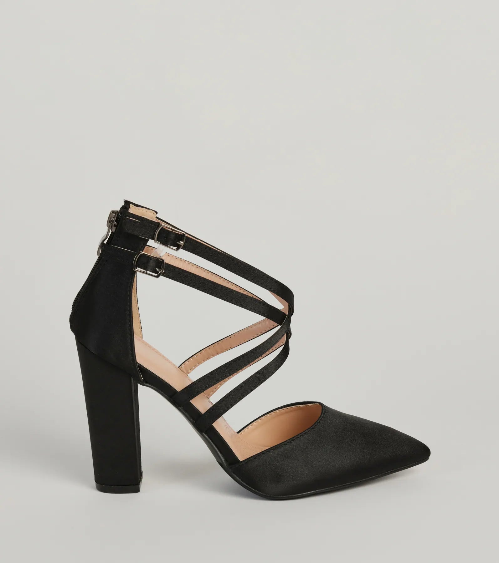 Smooth Charm Satin Strappy Block Heel Pumps