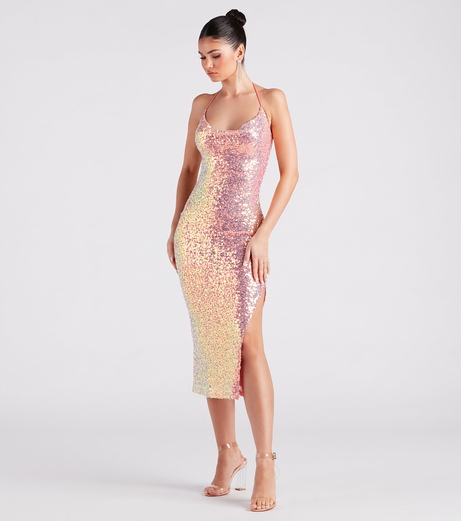 Avery Formal Sequin Cowl Halter Midi Dress