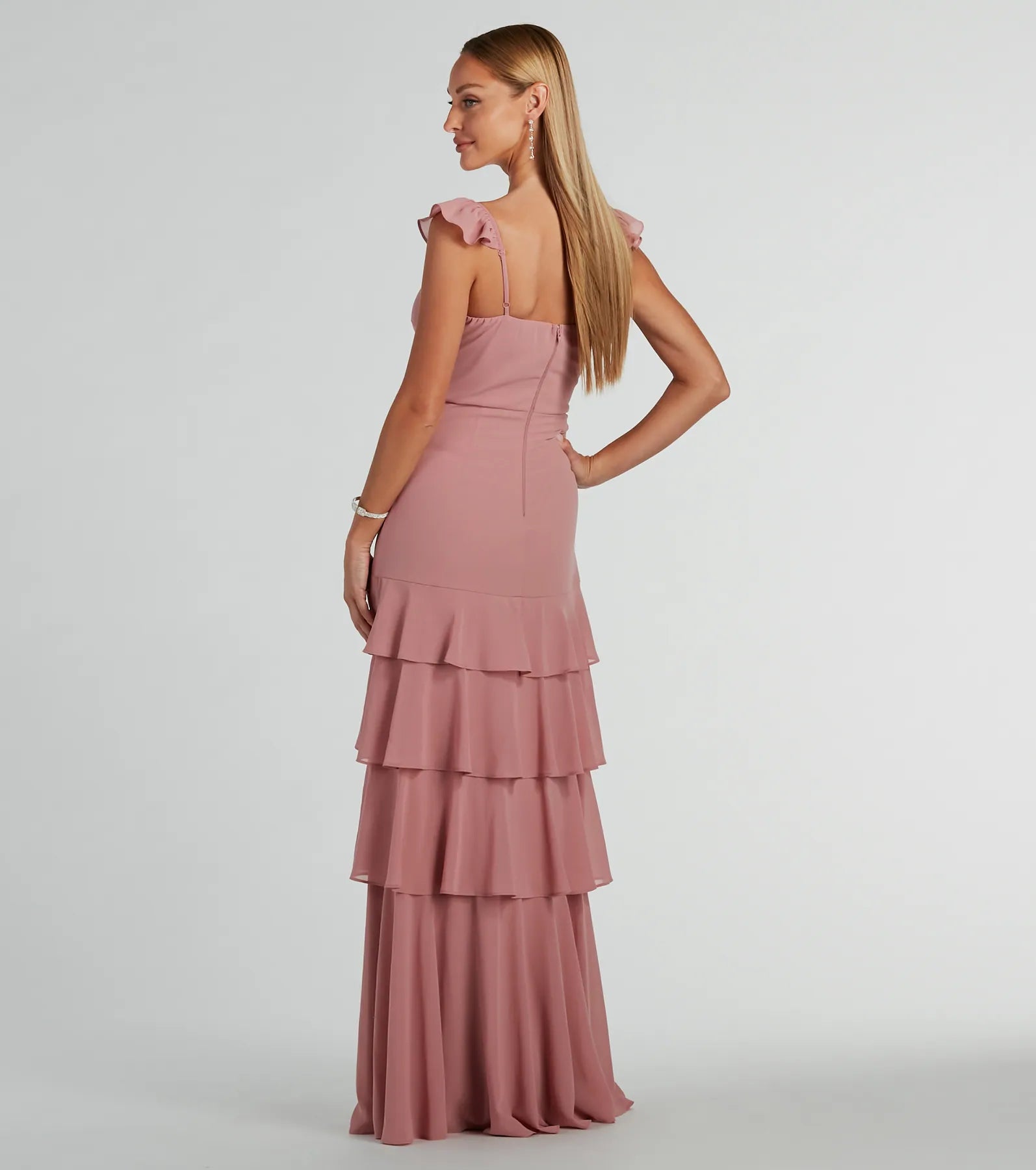 Adalee Flutter Strap Ruffled Chiffon Formal Dress