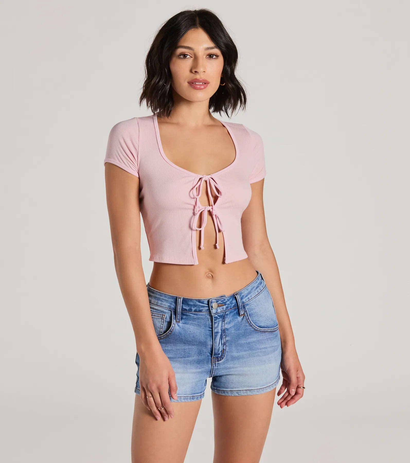 Here To Stay Short Sleeve Tie Front Crop Top