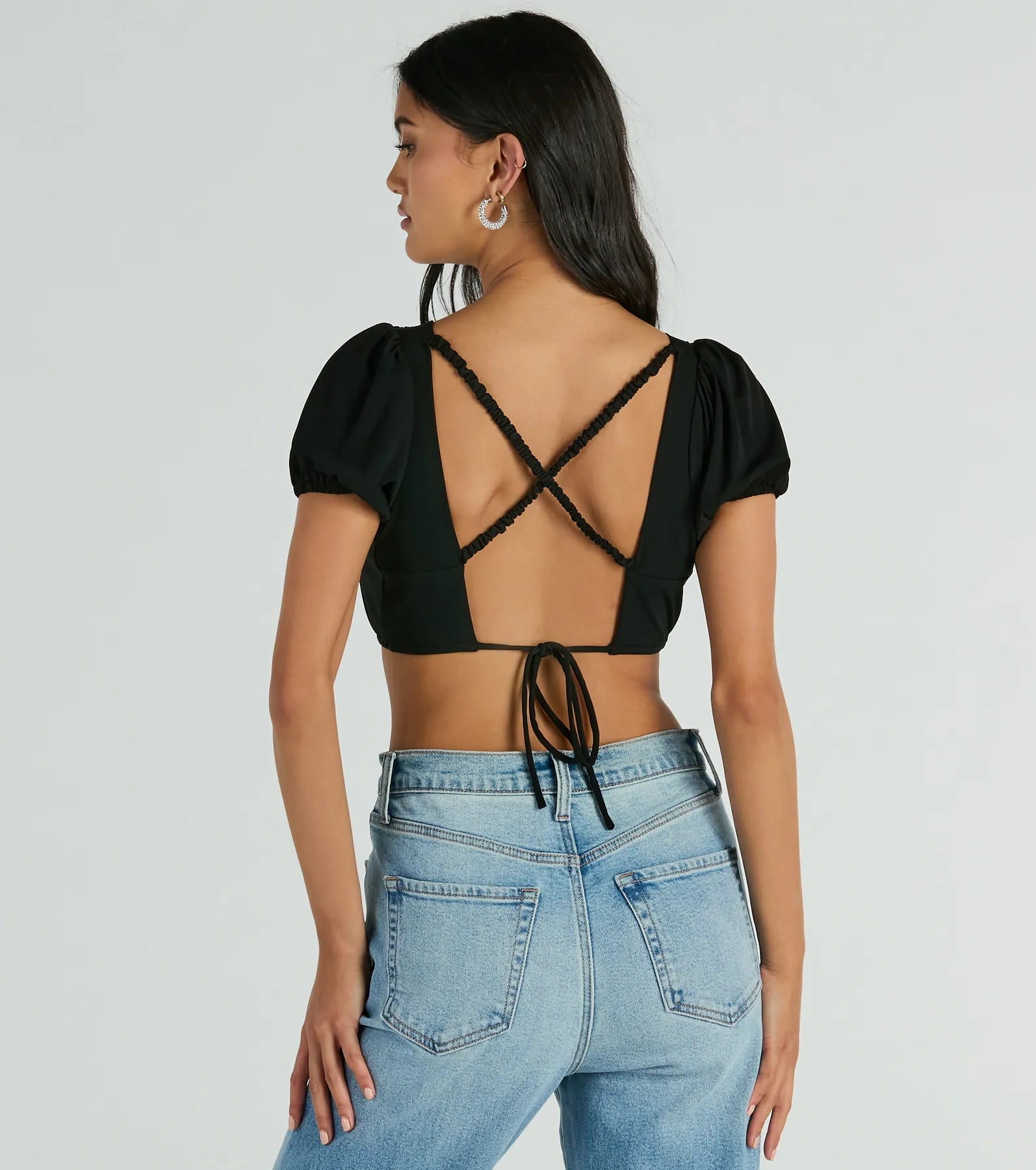 Adorable Allure Puff Sleeve Tie-Back Crop Top